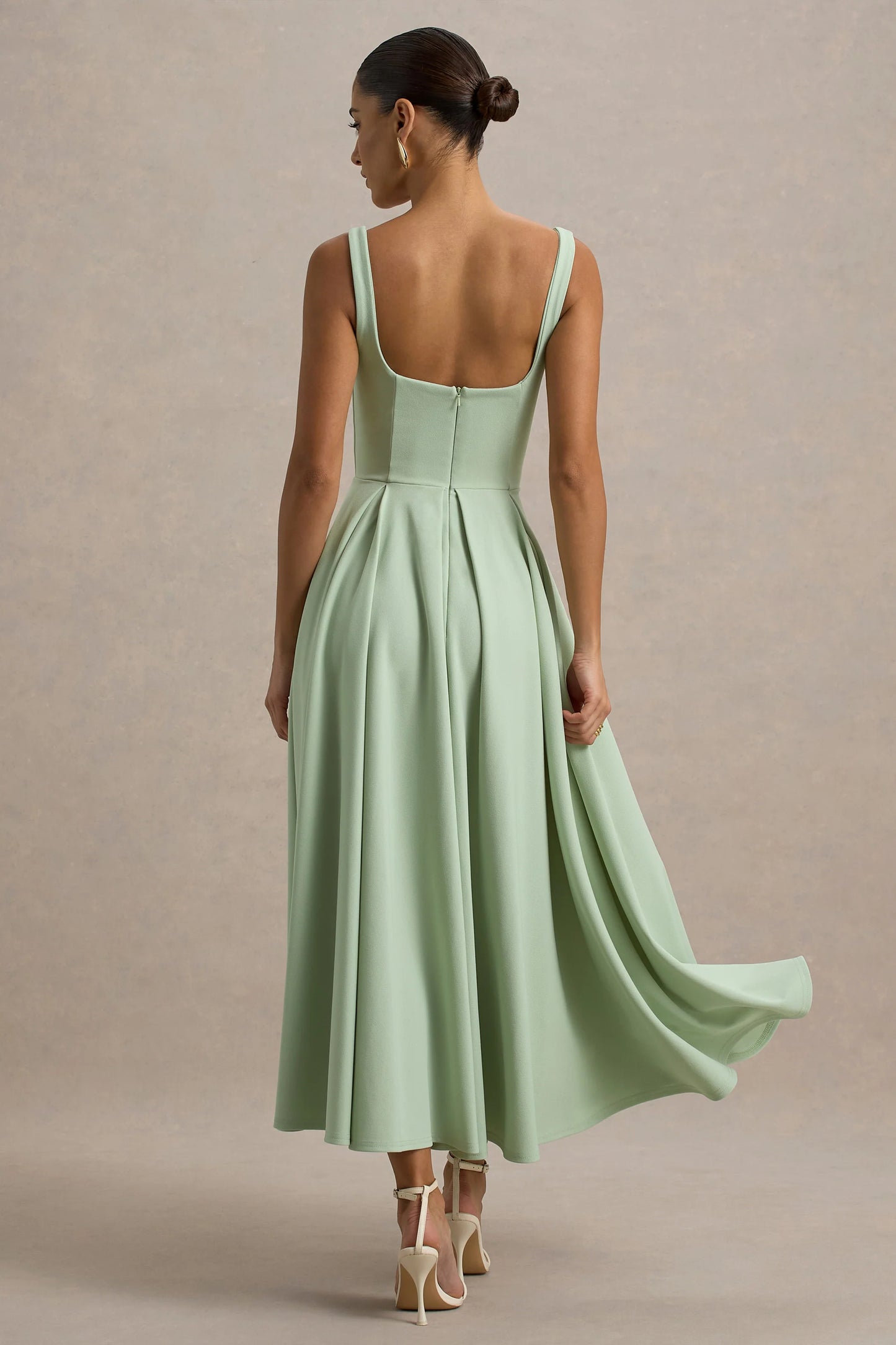 Parina Light Green Strappy Volume-Hem Midi Dress