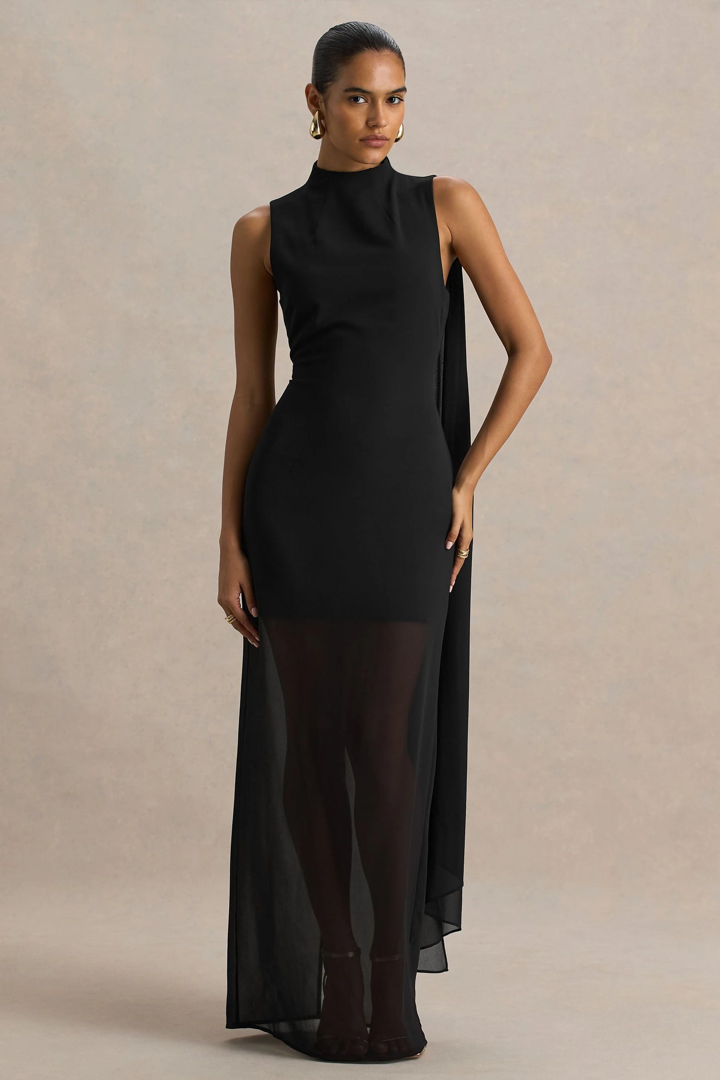 Unpredictable Black High-Neck Maxi Dress With Back Cape Detail