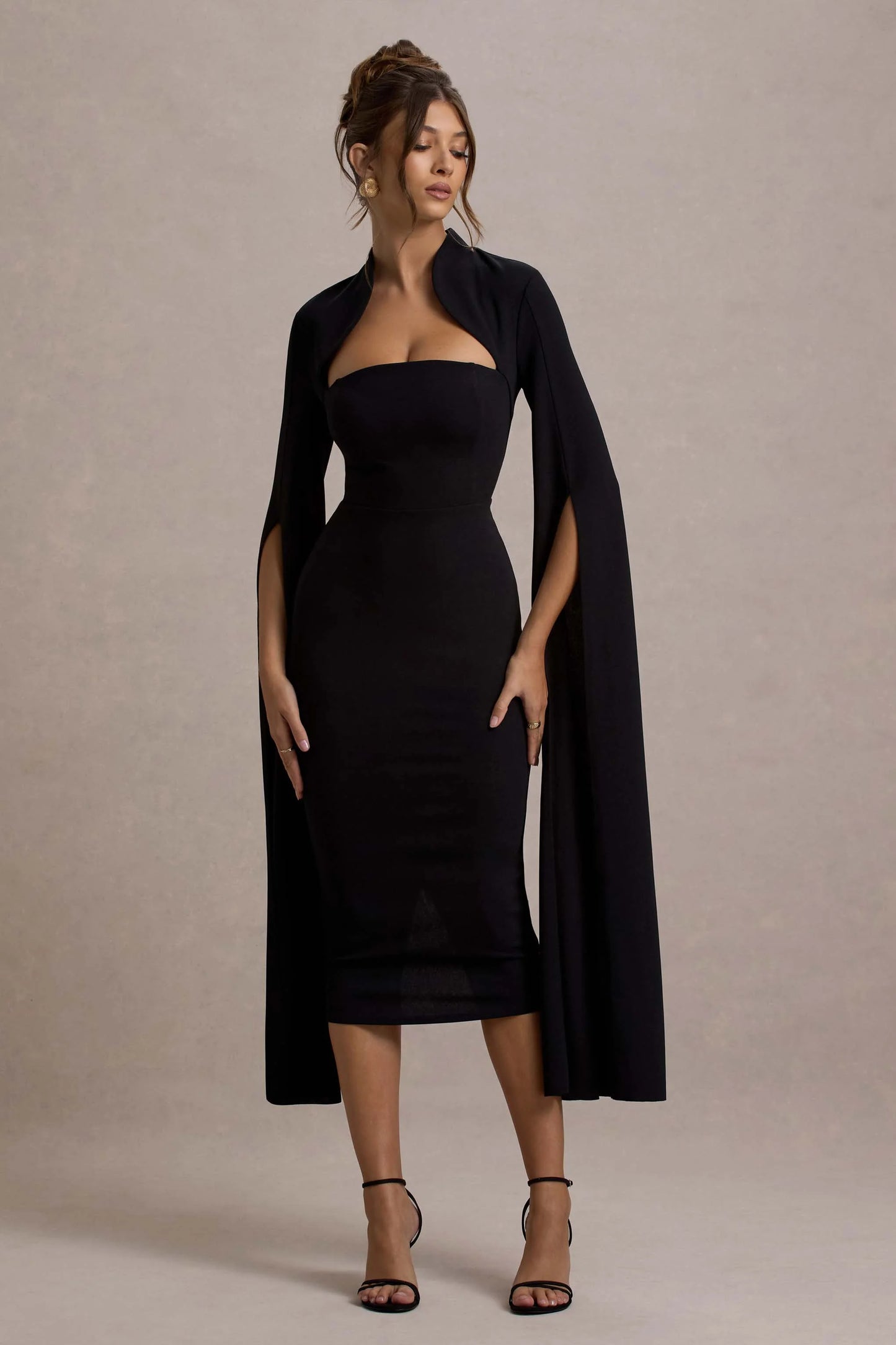 Linden Black Bodycon Cape-Sleeve Midi Dress