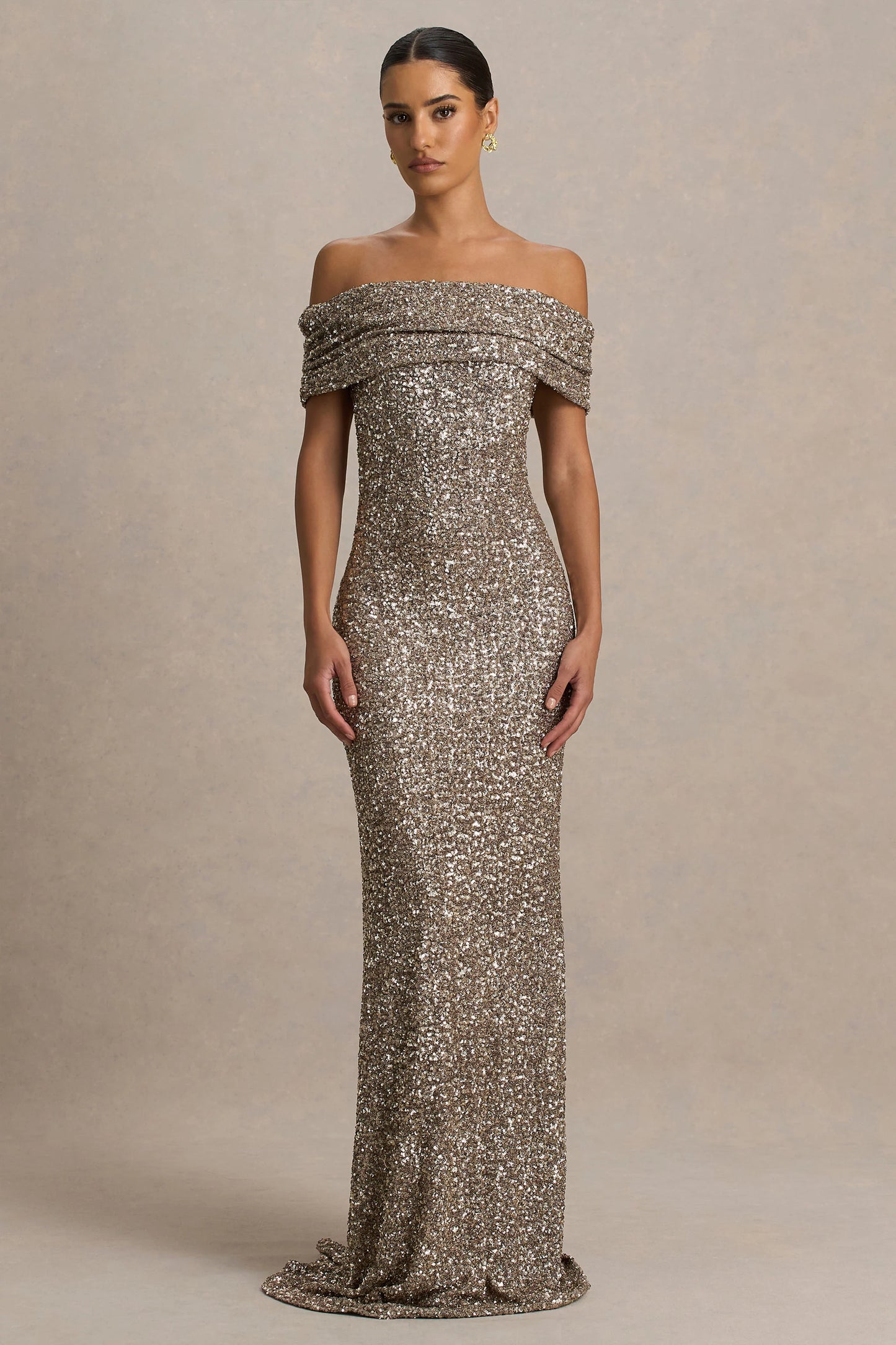 Melina Champagne Sequin Bardot-Neck Maxi Dress