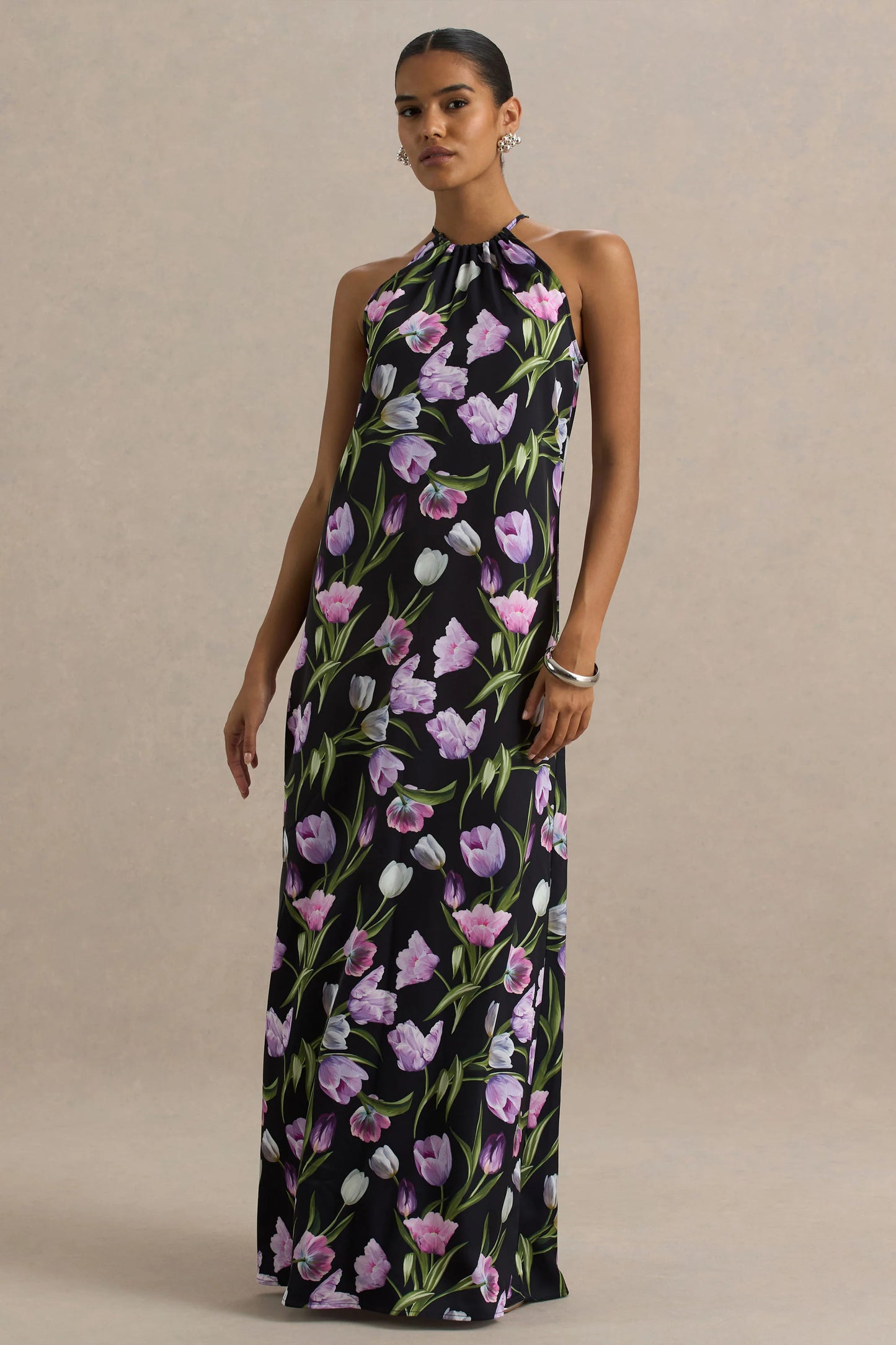 Svana Black Satin Floral Asymmetric Halter-Neck Maxi Dress