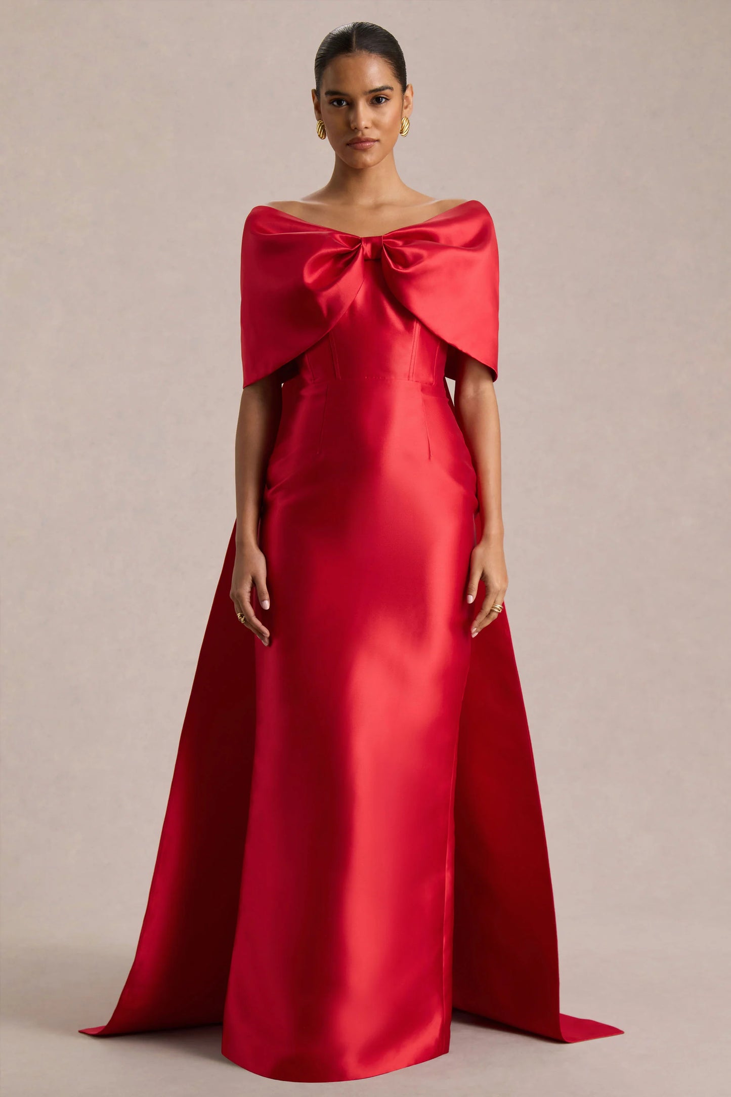 Wanting More Red Satin Cape Maxi Dress With Oversized Bow