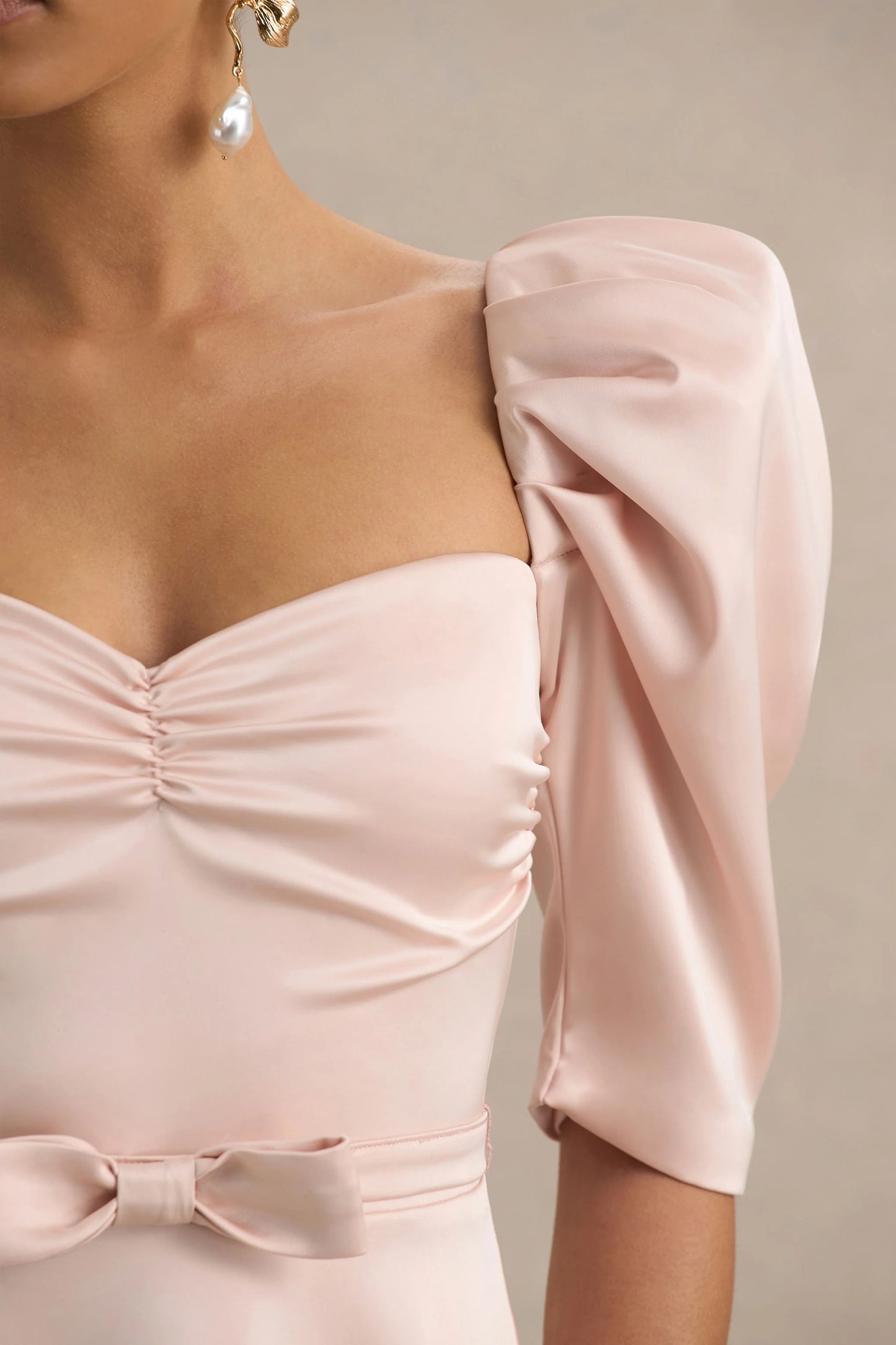 Rosey Pale Pink Satin Sweetheart Midi Dress