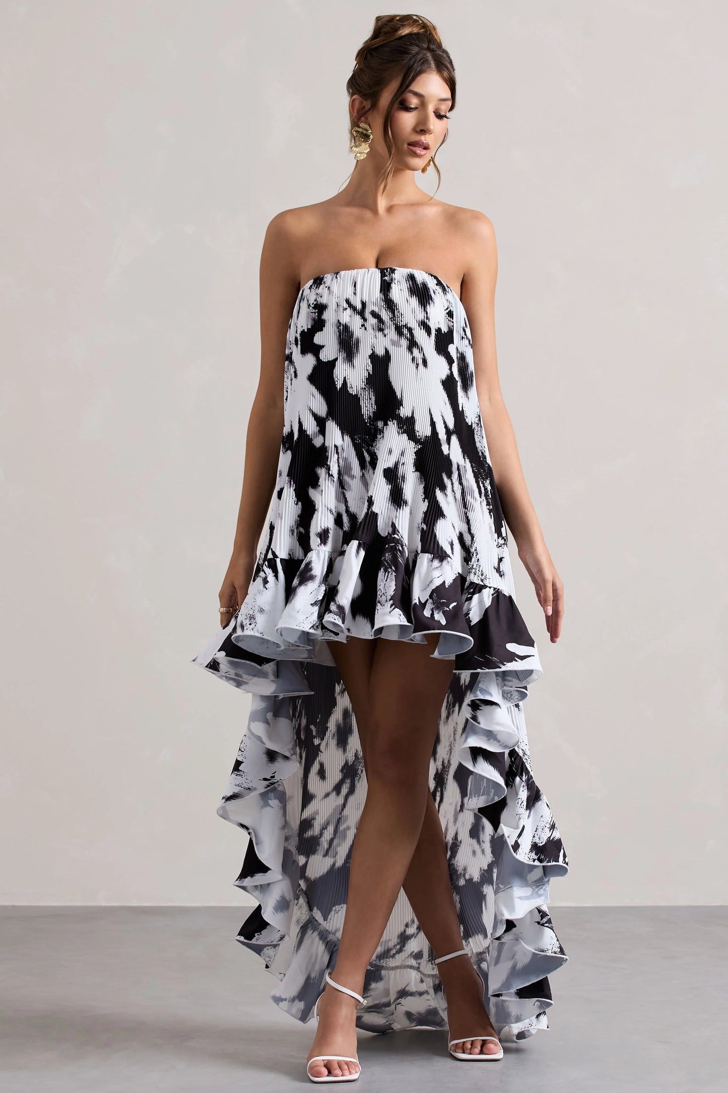 Whistler Monochrome Floral Chiffon Bandeau High-Low Ruffled Maxi Dress