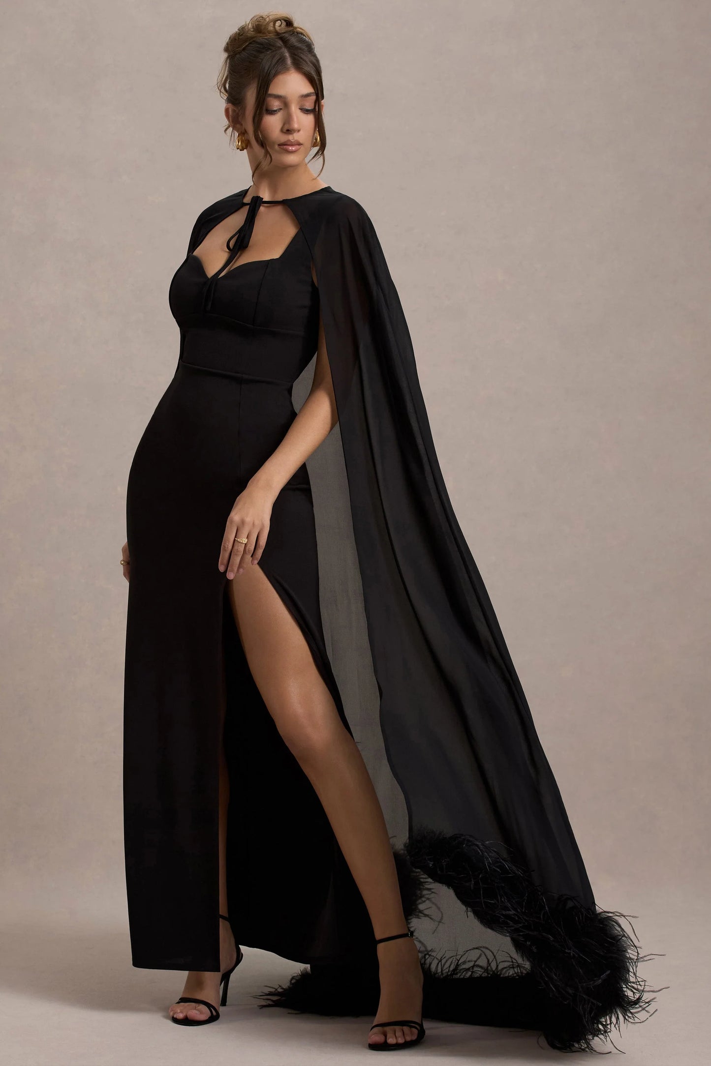 Veranna Black Chiffon Cape with Fur Trim
