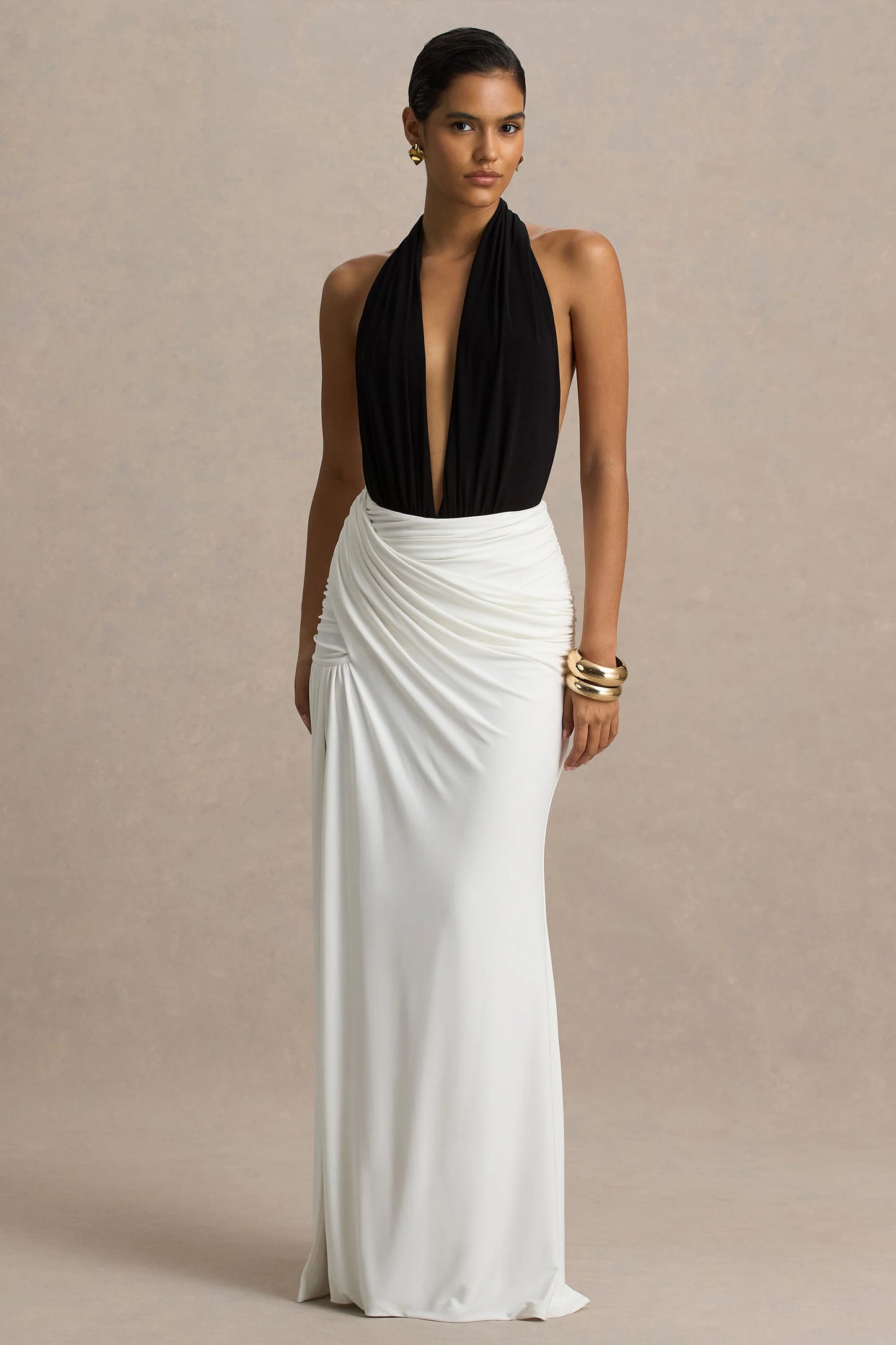 Tilly Black And White Extreme-Plunge Neck Maxi Dress With Wrap And Ruched Details