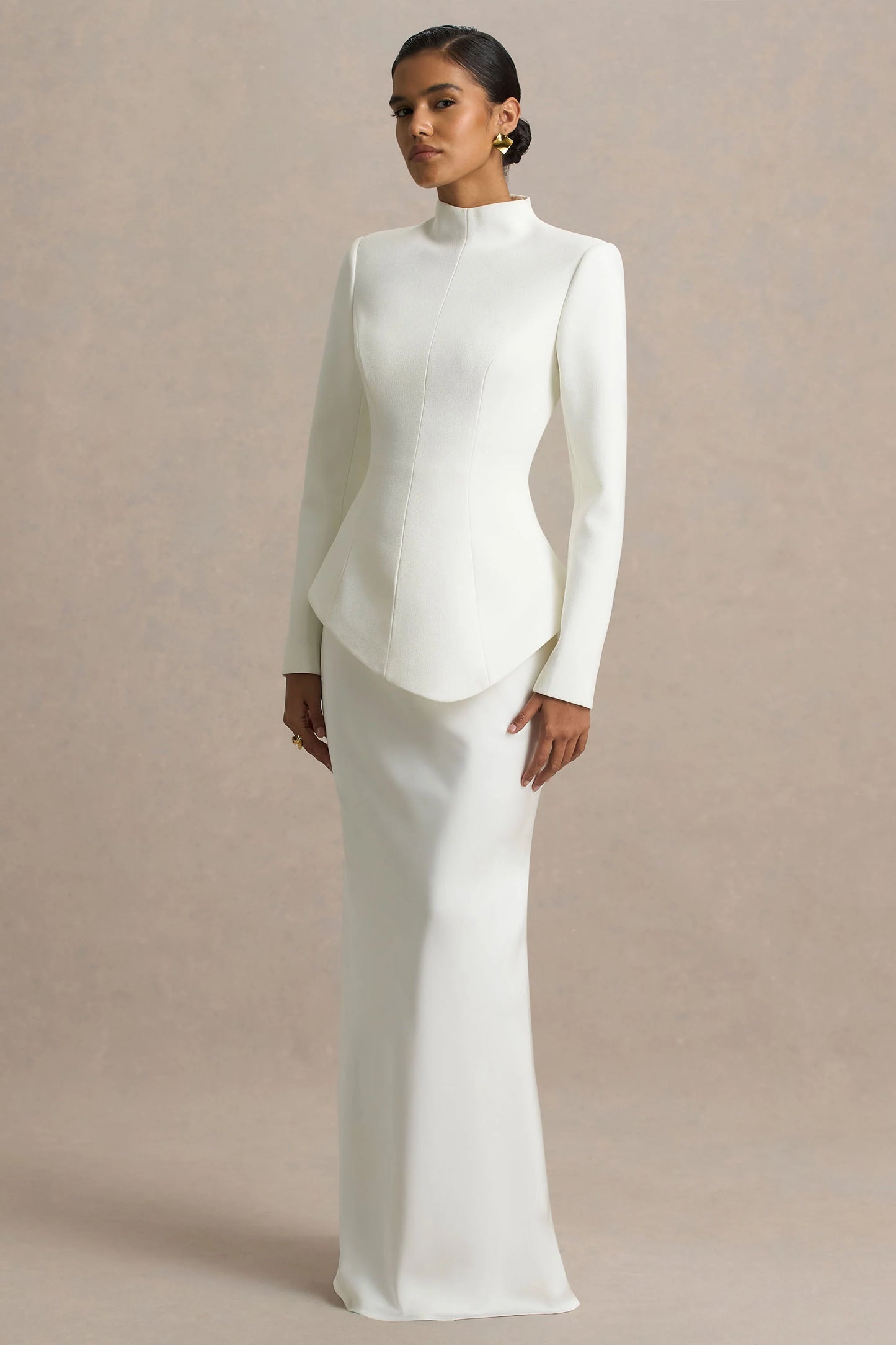 Pepita Cream High-Neck Tailored Maxi Dress With Drop-Waist And Satin Skirt