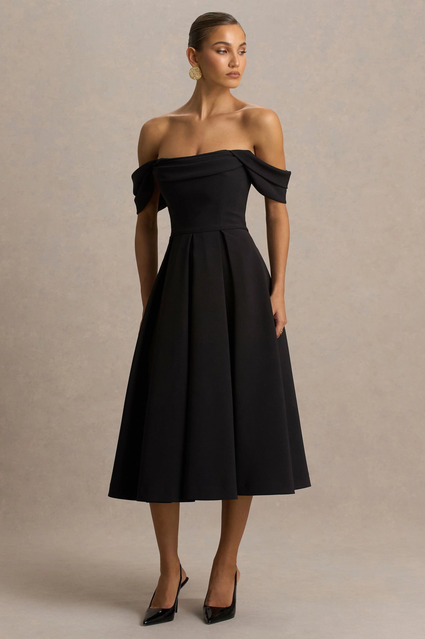 Cosima Black Bardot-Neck Midi Dress