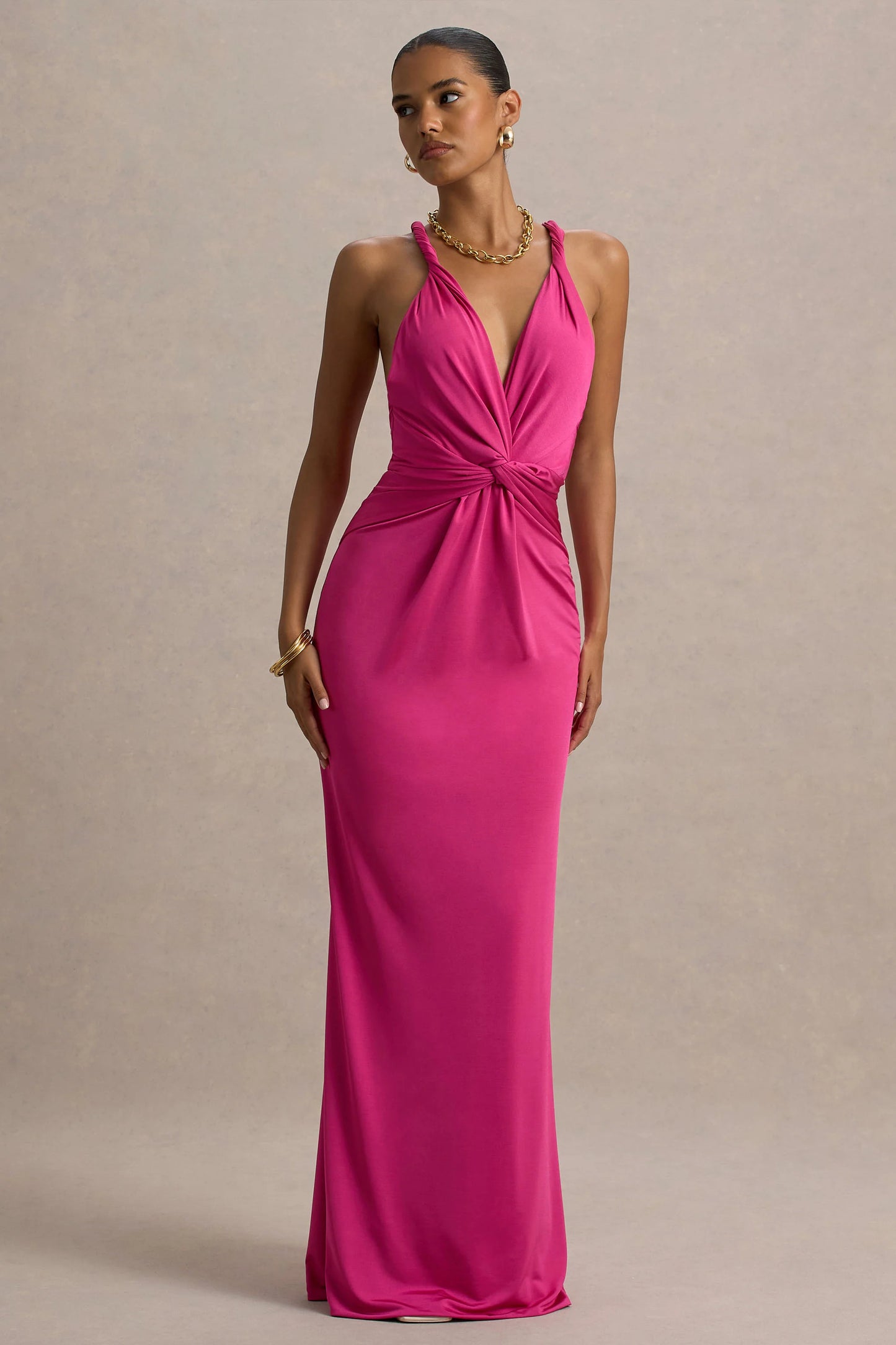 Santez Hot Pink Twisted Plunge-Neck Maxi Dress