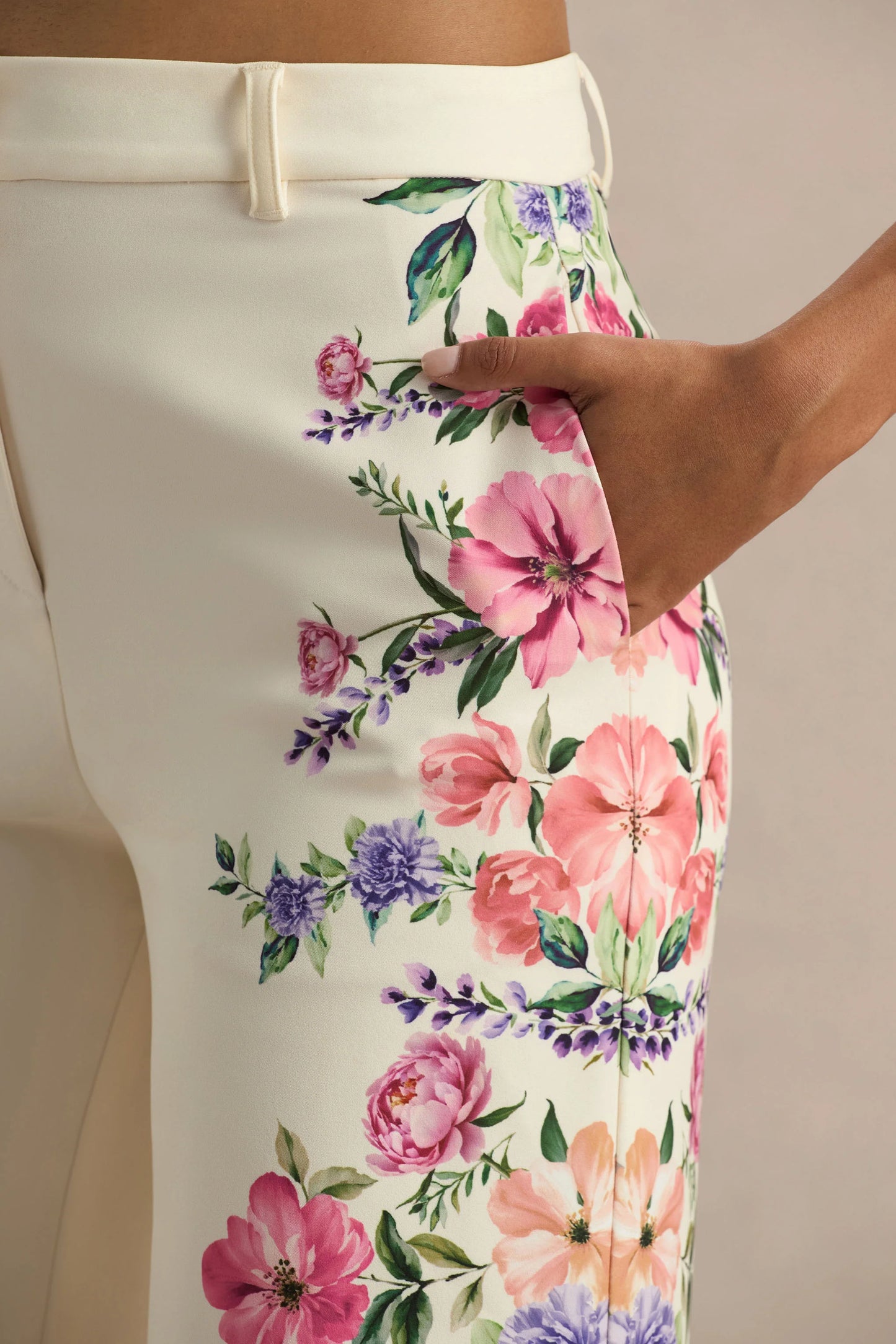 Solana White Floral Border Print Wide-Leg Trousers