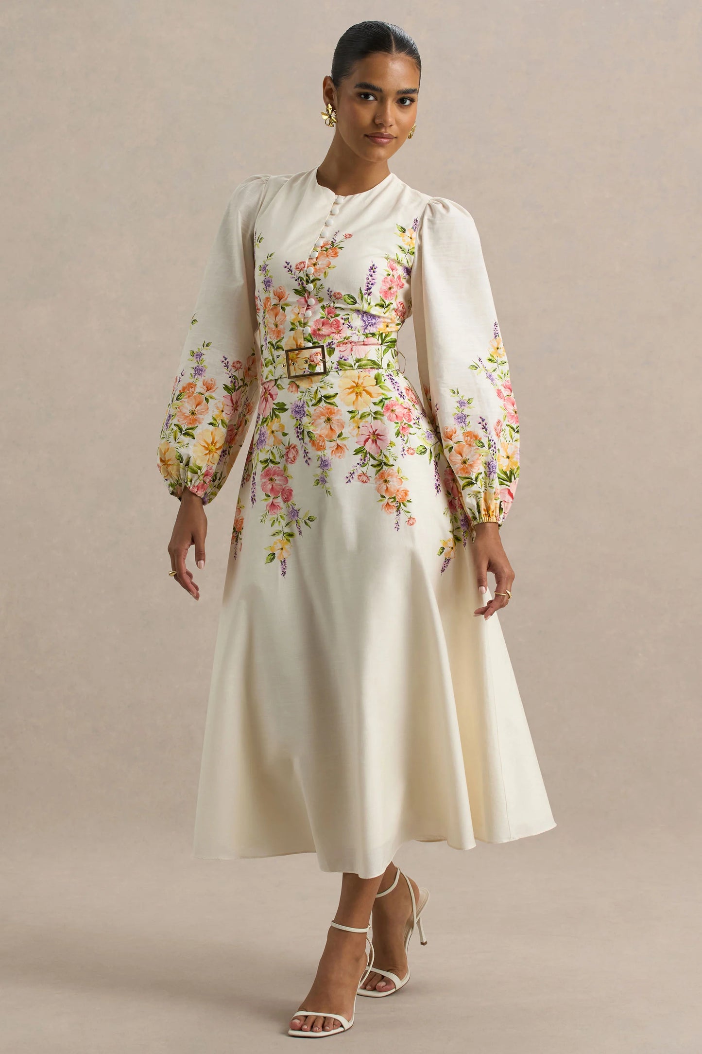 Dahlia White Floral Border Print High-Neck Midi Dress