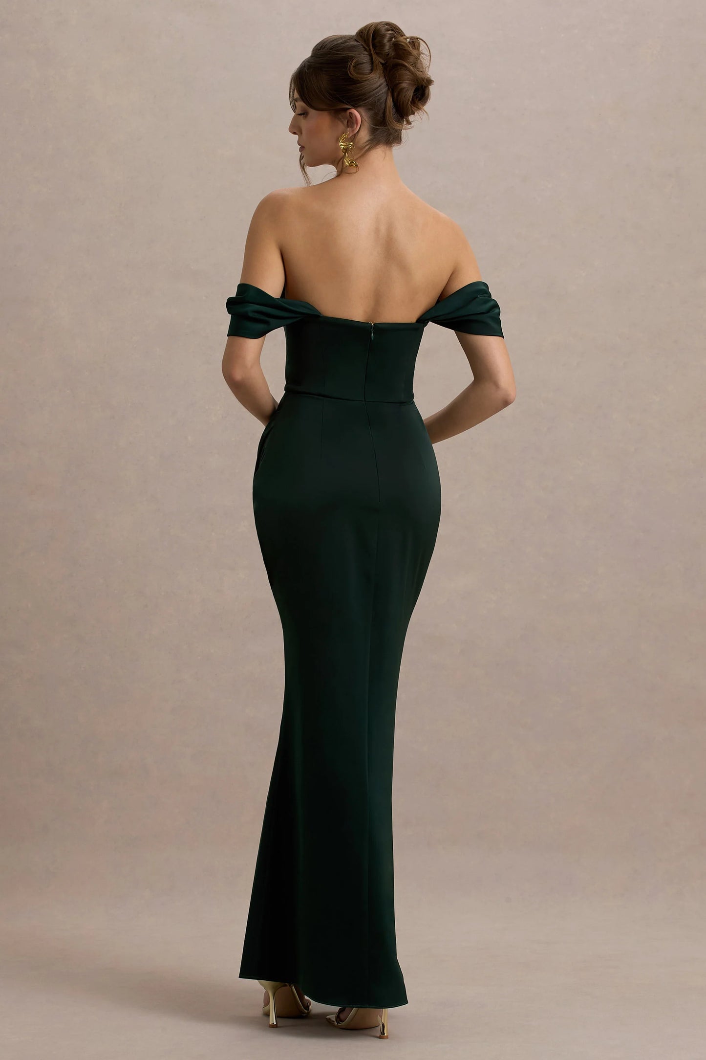 Annie Bottle Green Satin Bardot Maxi Dress With Split Wrap Skirt