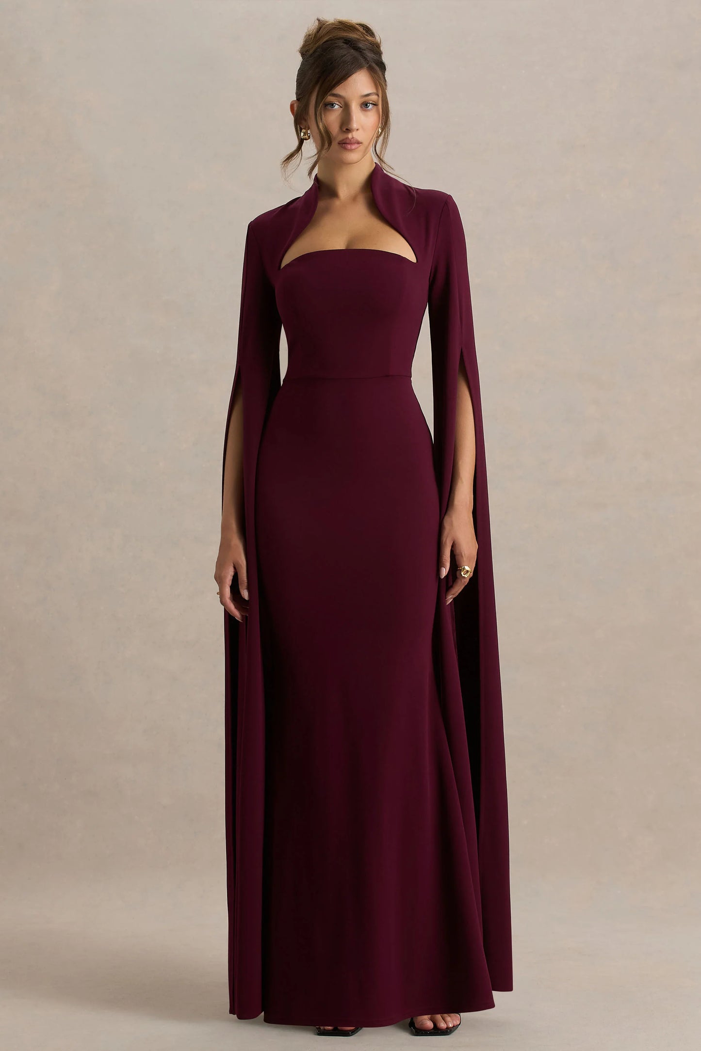 Esme Burgundy Square-Neck Maxi Dress With Cape Sleeves
