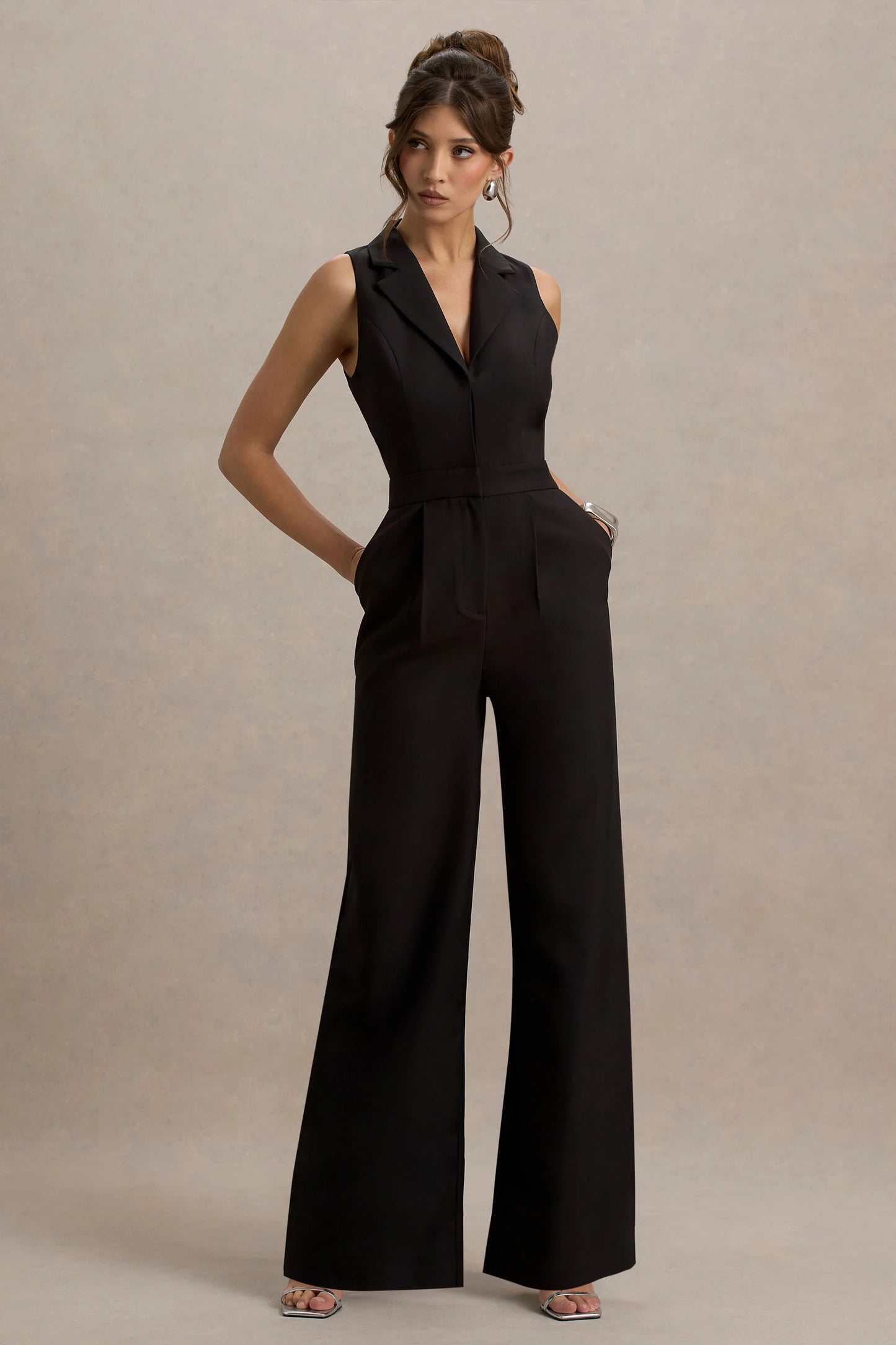 Trixie Black Plunge-Neck Tailored Jumpsuit