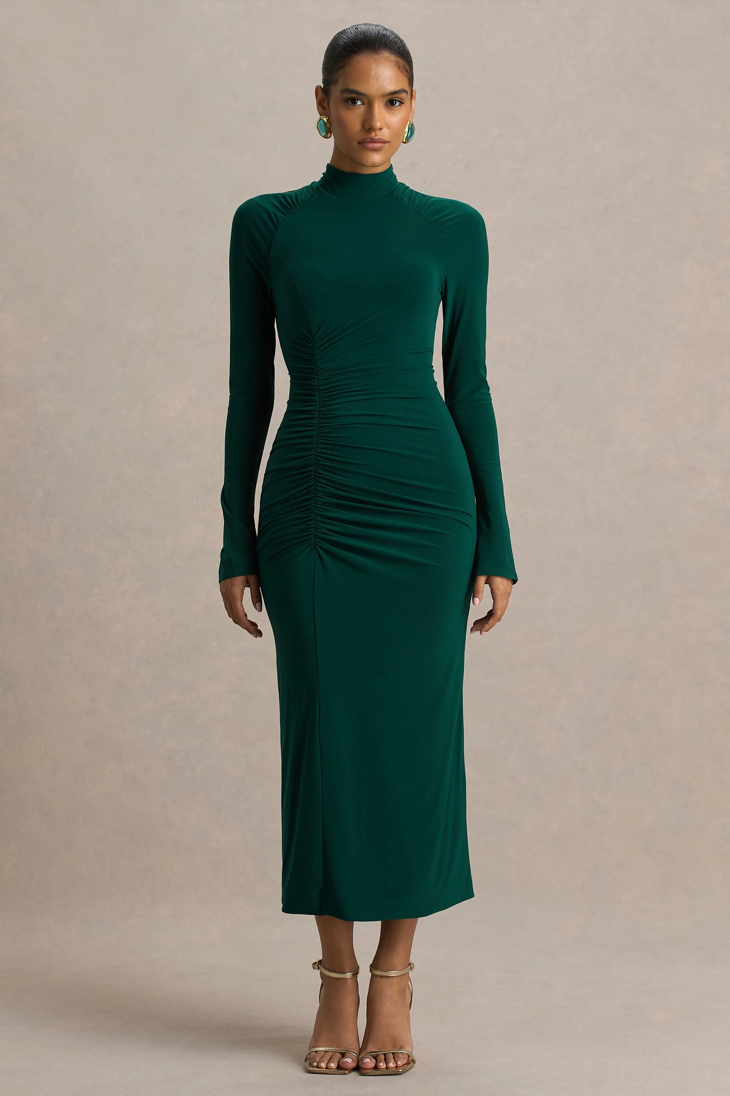 Cassandra Bottle Green High-Neck Long-Sleeve Midi Dress