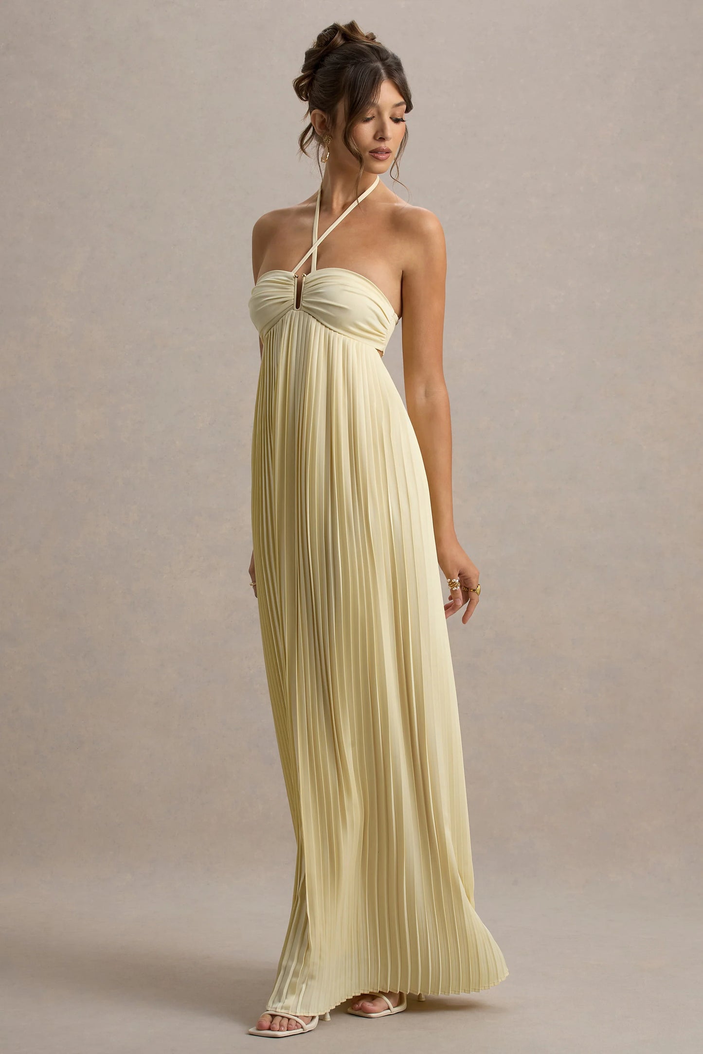 Elayne Pale Lemon Halter-Neck Maxi Dress With Cut-Out Detail