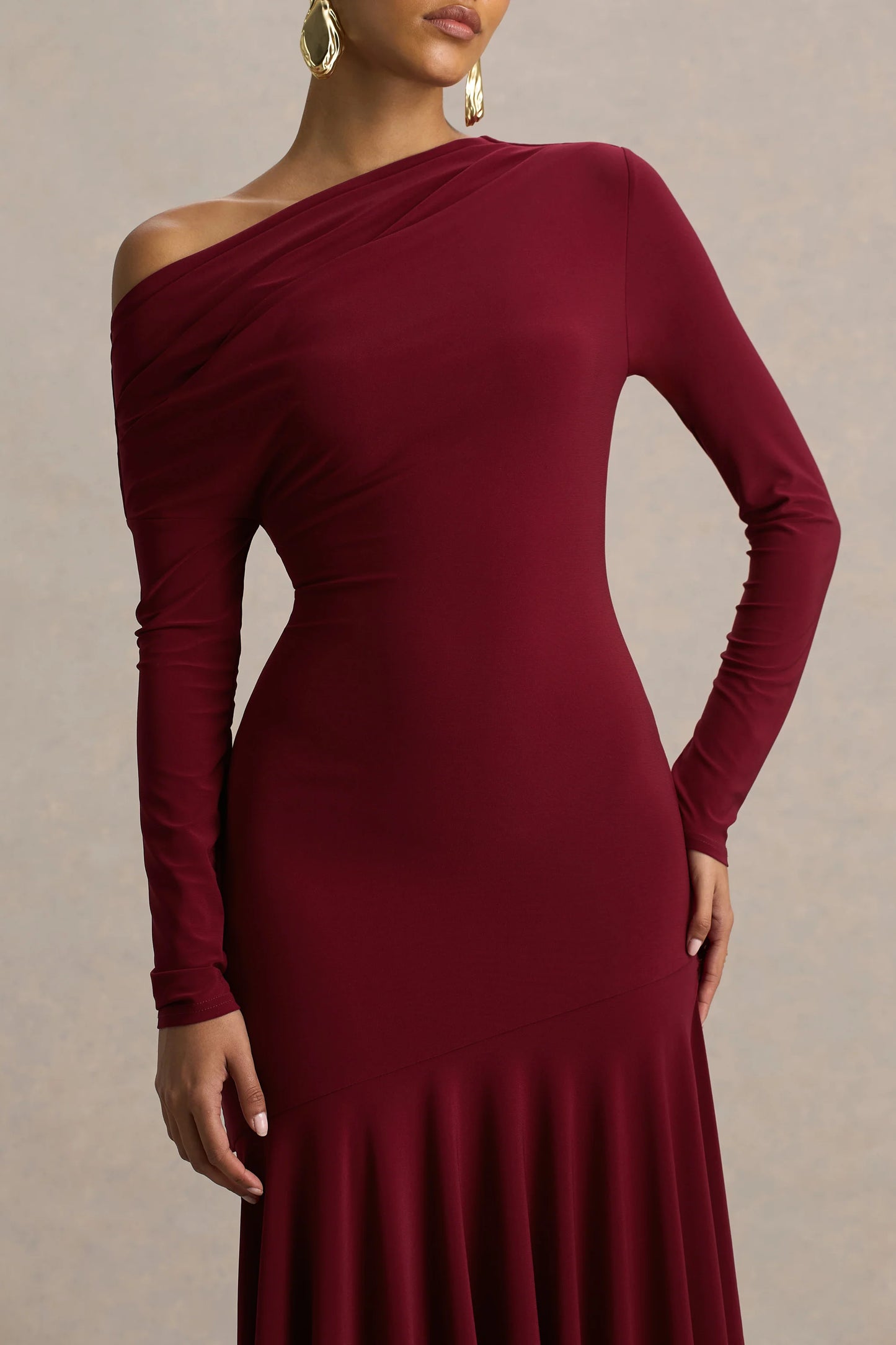 Isola Burgundy Asymmetric-Neck Midi Dress With Hanky-Hem