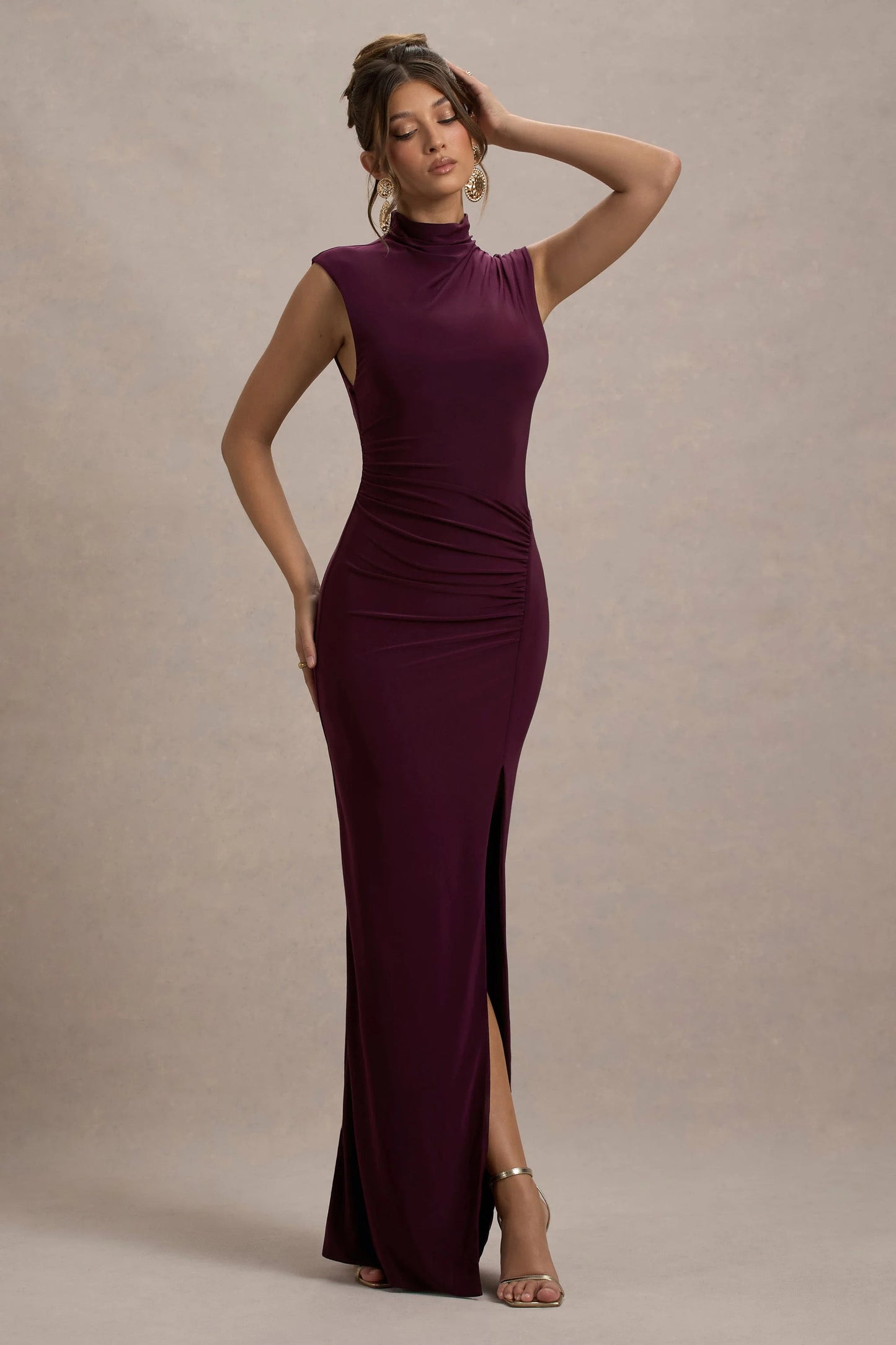 Lanetta Plum Ruched High-Neck Maxi Dress With Split