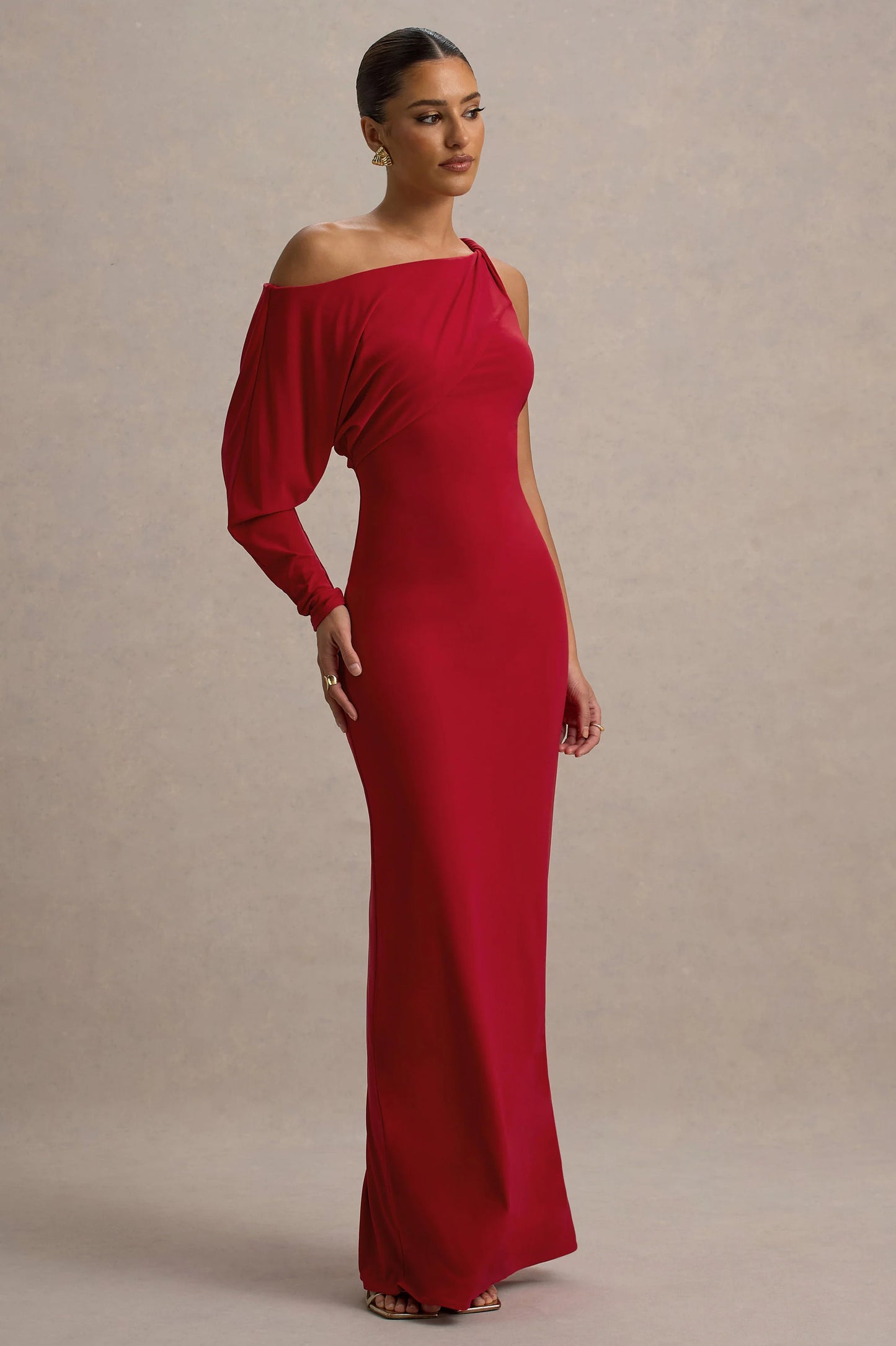 Floria Red Draped One-Sleeve Maxi Dress