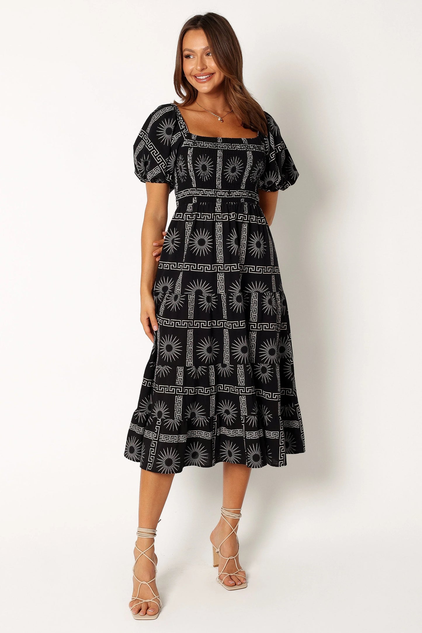 Soliel Puff Sleeve Midi Dress - Black Tan