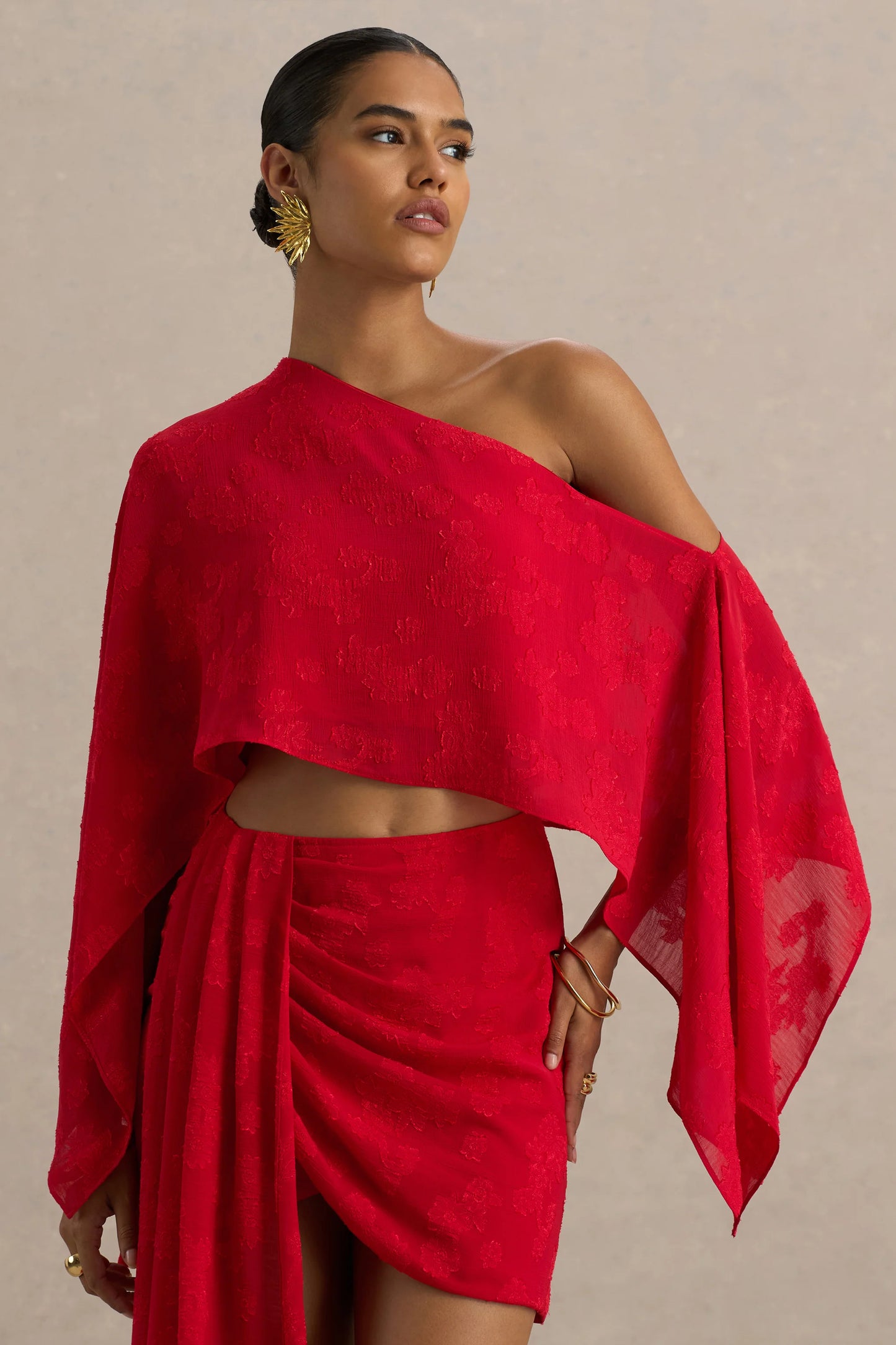 Aruba Red Satin Devore Asymmetric Long-Sleeve Crop Top