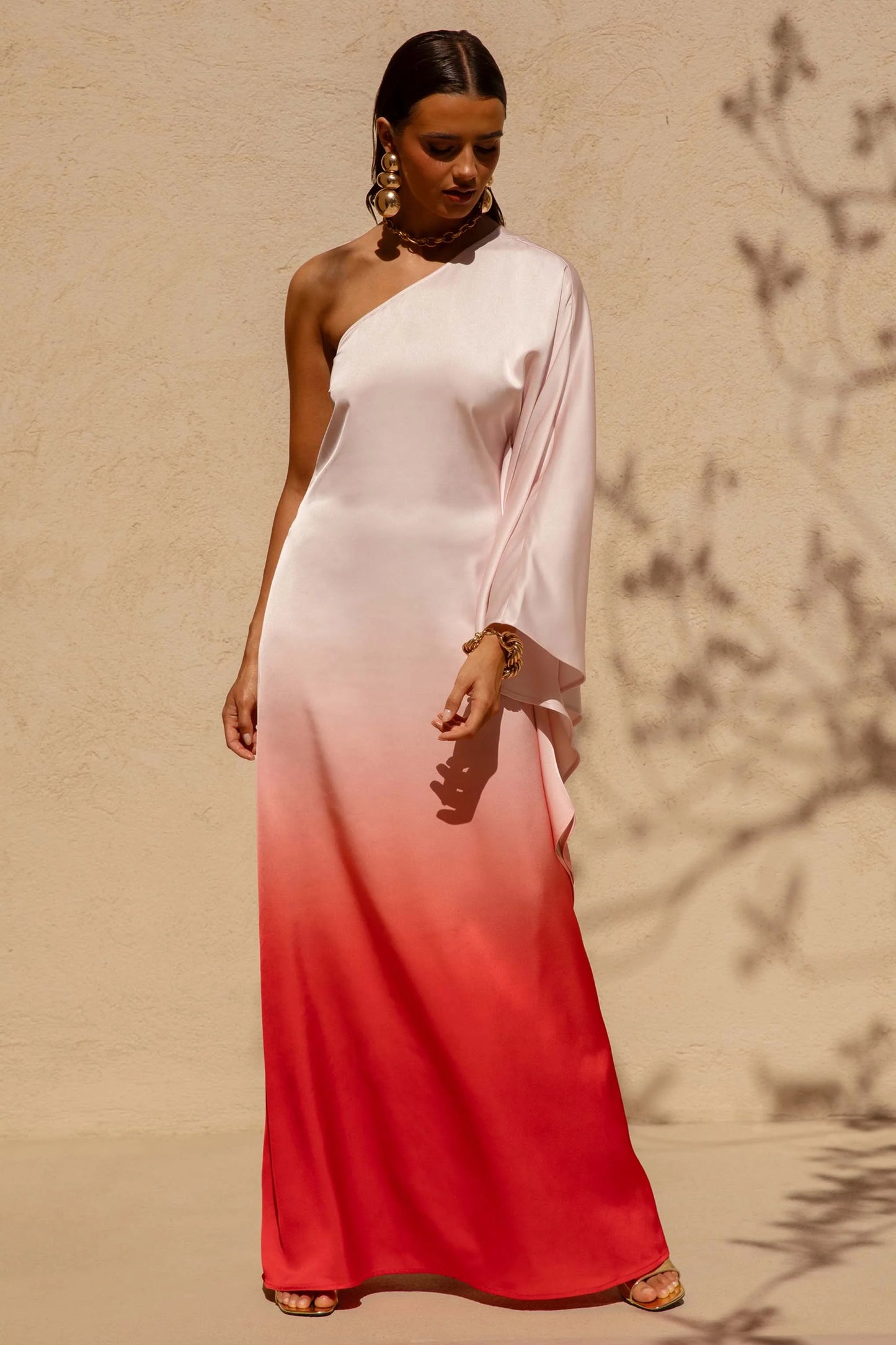 Jayla Red Ombre Satin Asymmetric Maxi Dress With Long-Sleeve