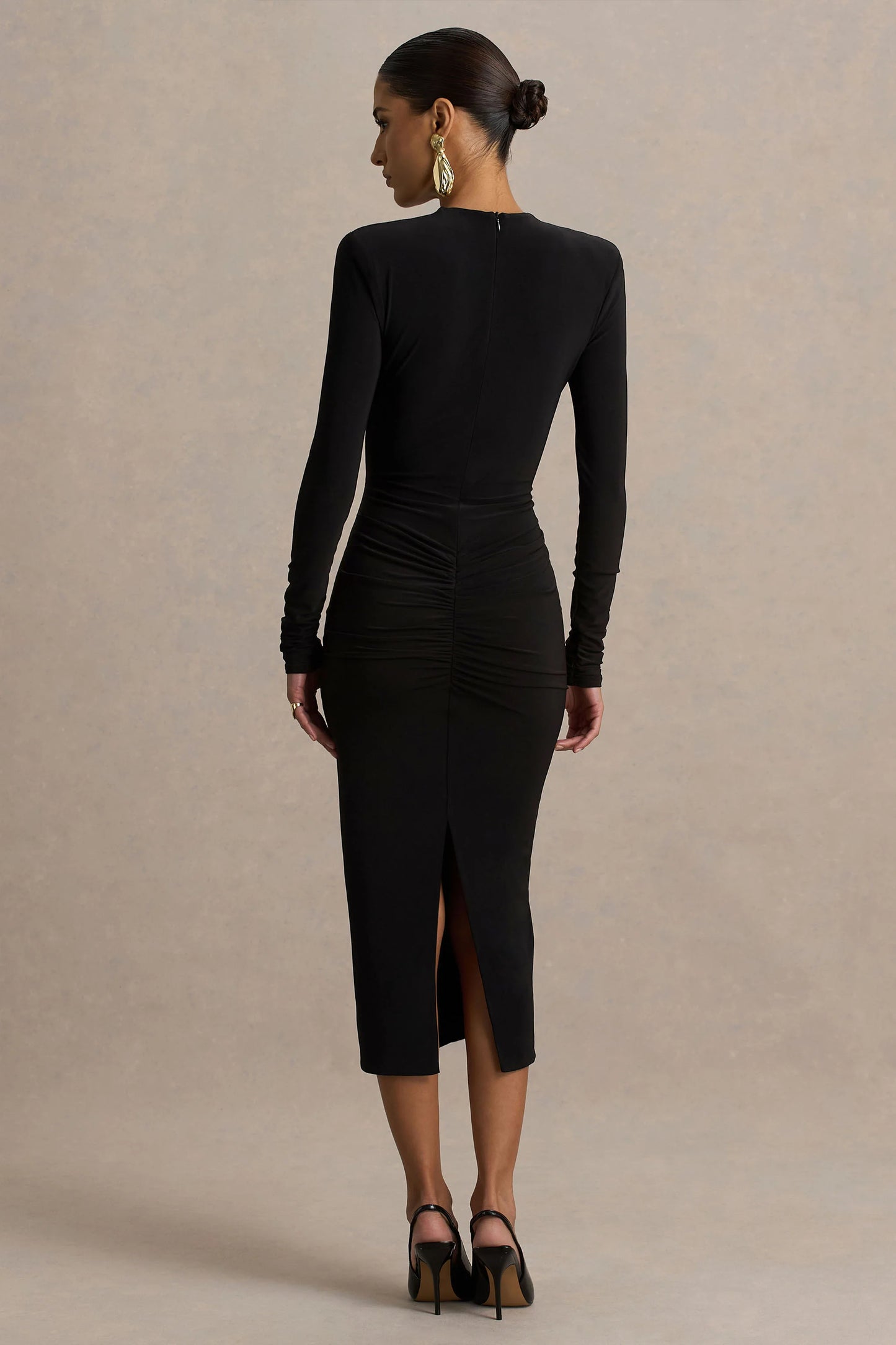 Ivara Black Plunge-Neck Midi Dress With Ruched Detailing And Sash