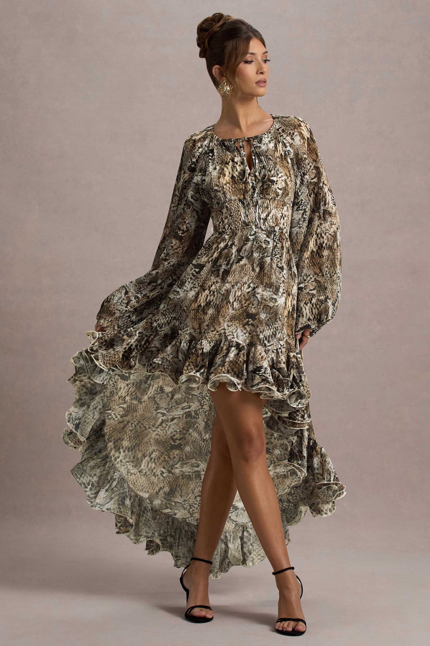 Namir Snake Print High-Low Chiffon Maxi Dress