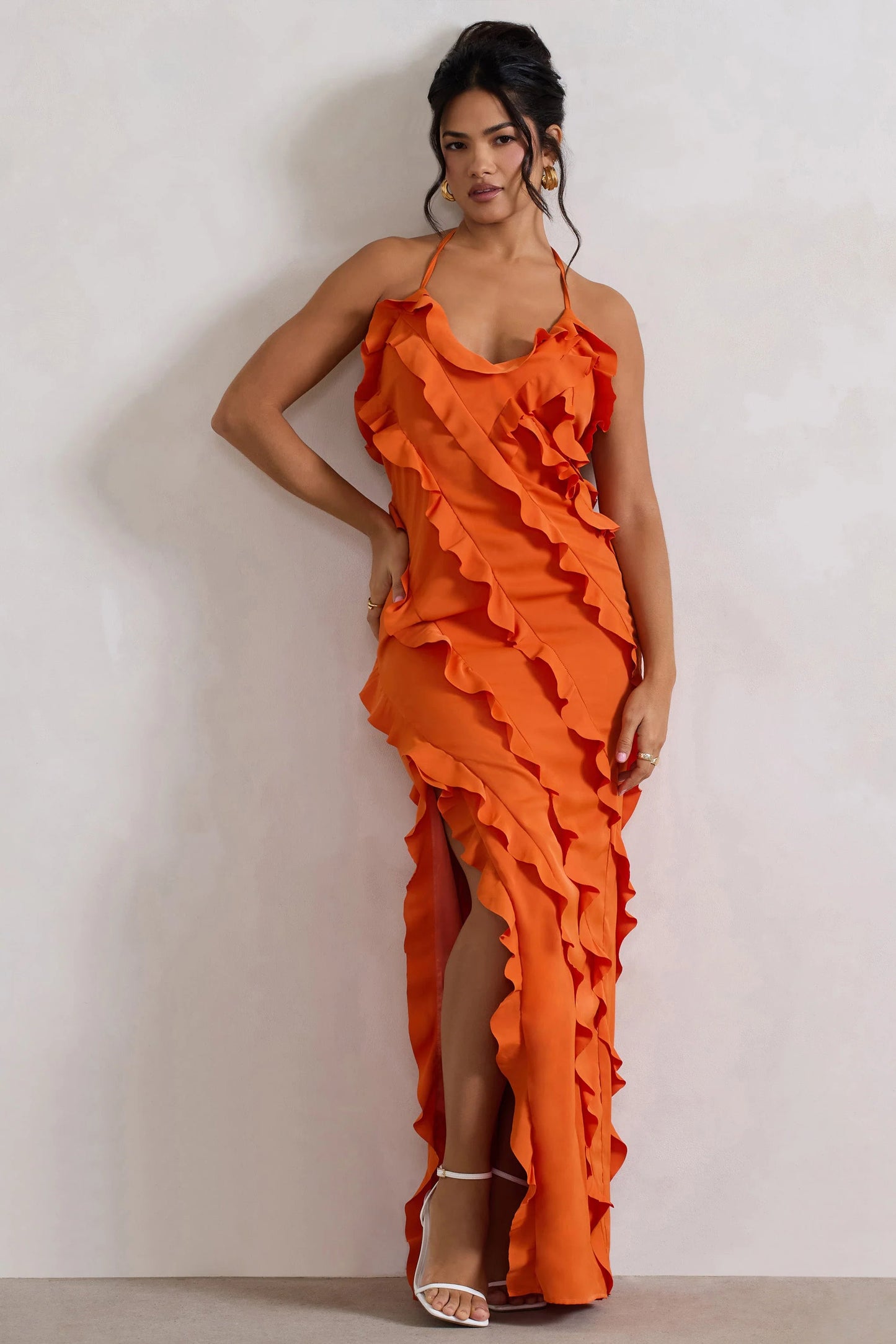 Full On Orange V-Neck Ruffle Maxi Dress