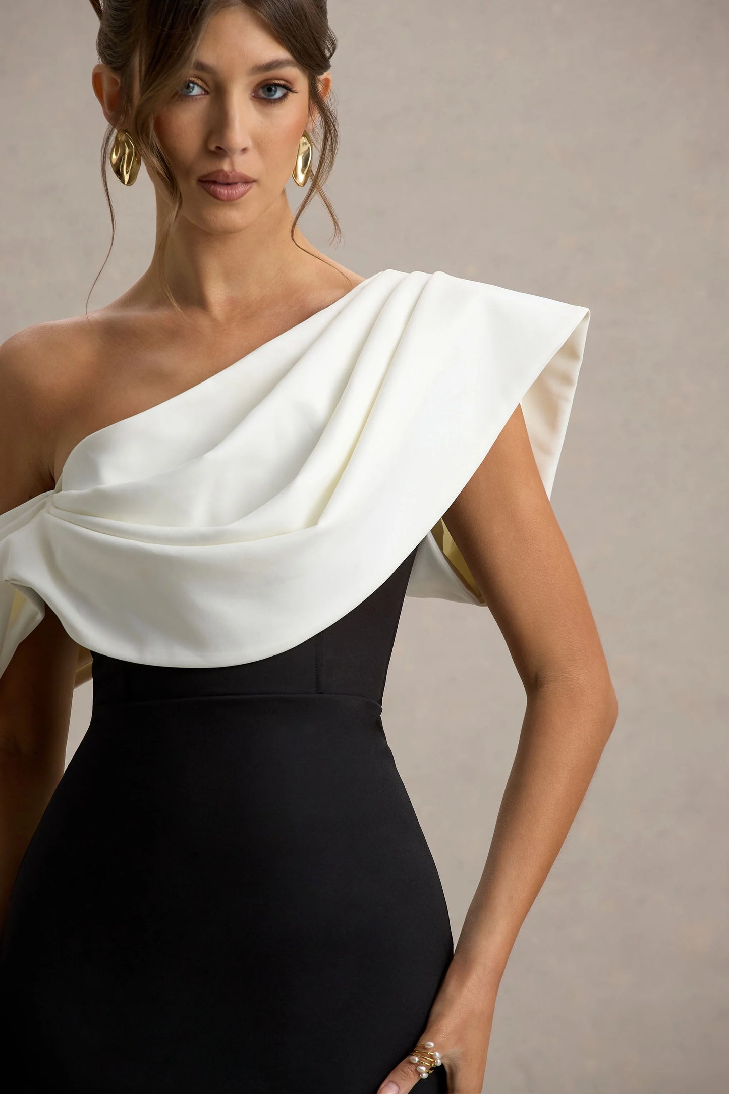 Angelina Black & White Draped Shoulder Maxi Dress