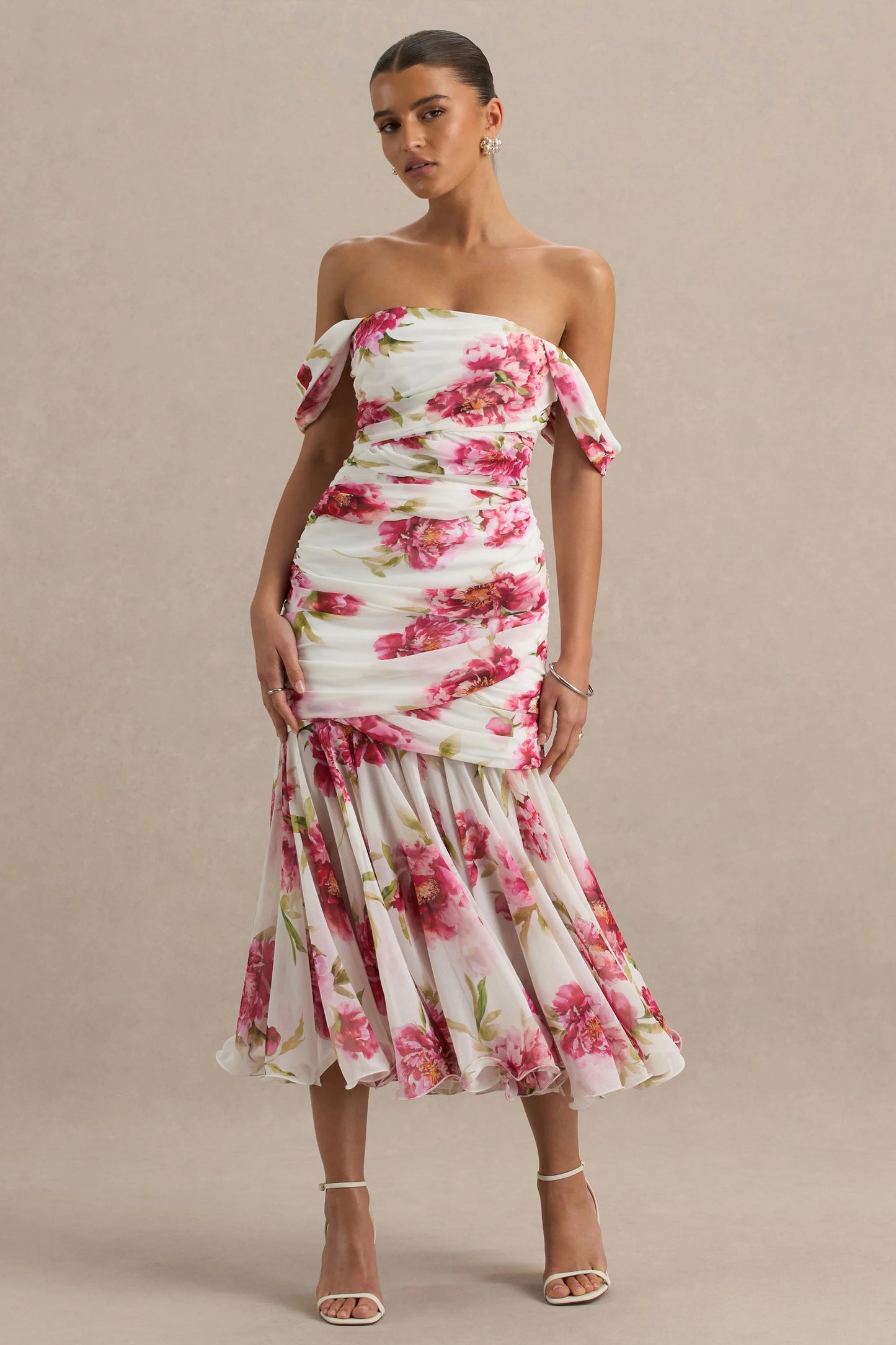 Madelyn Cream Floral Print Short-Sleeve Bardot Wrap Maxi Dress With Ruching