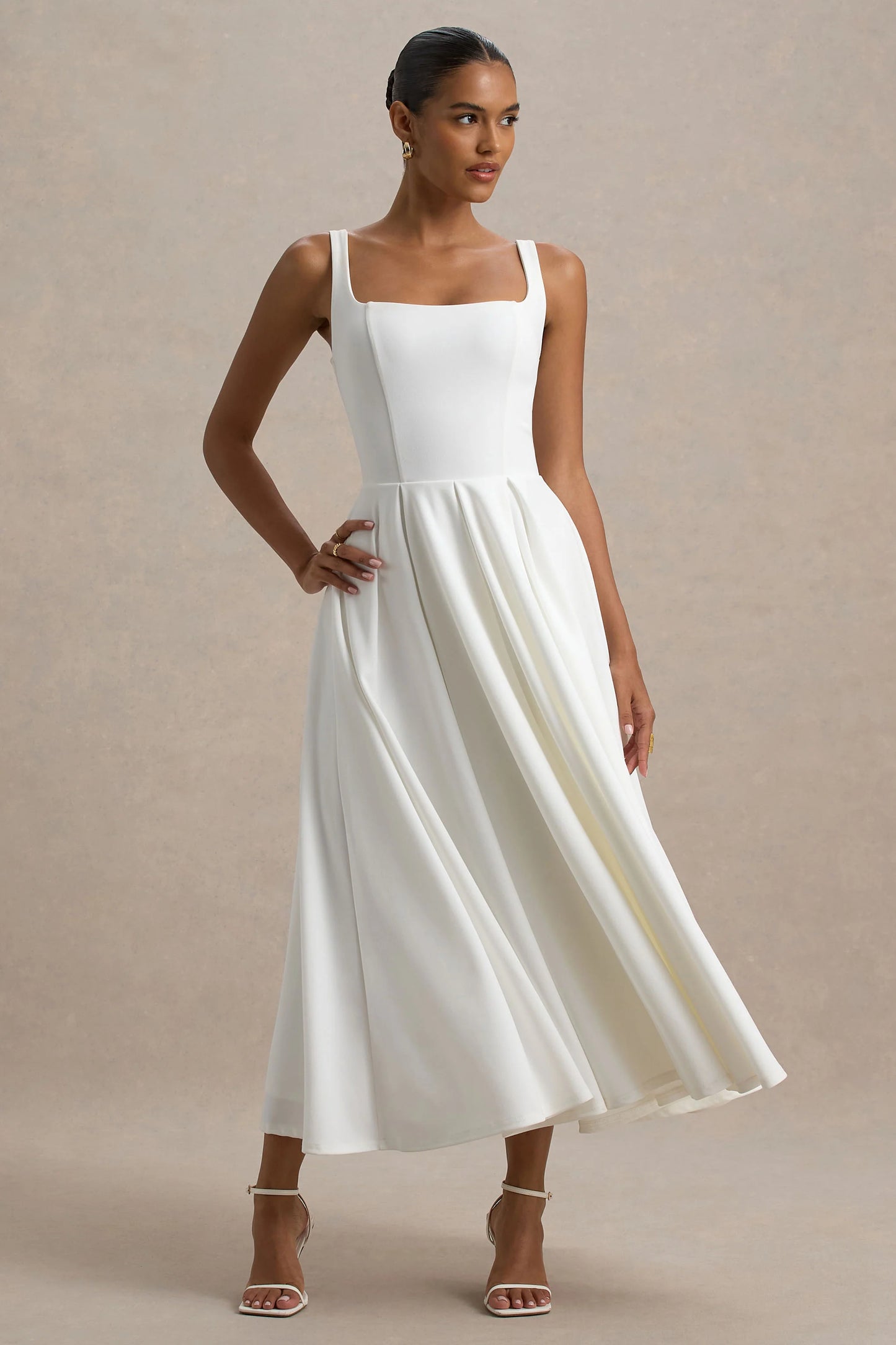 Parina White Strappy Volume-Hem Midi Dress