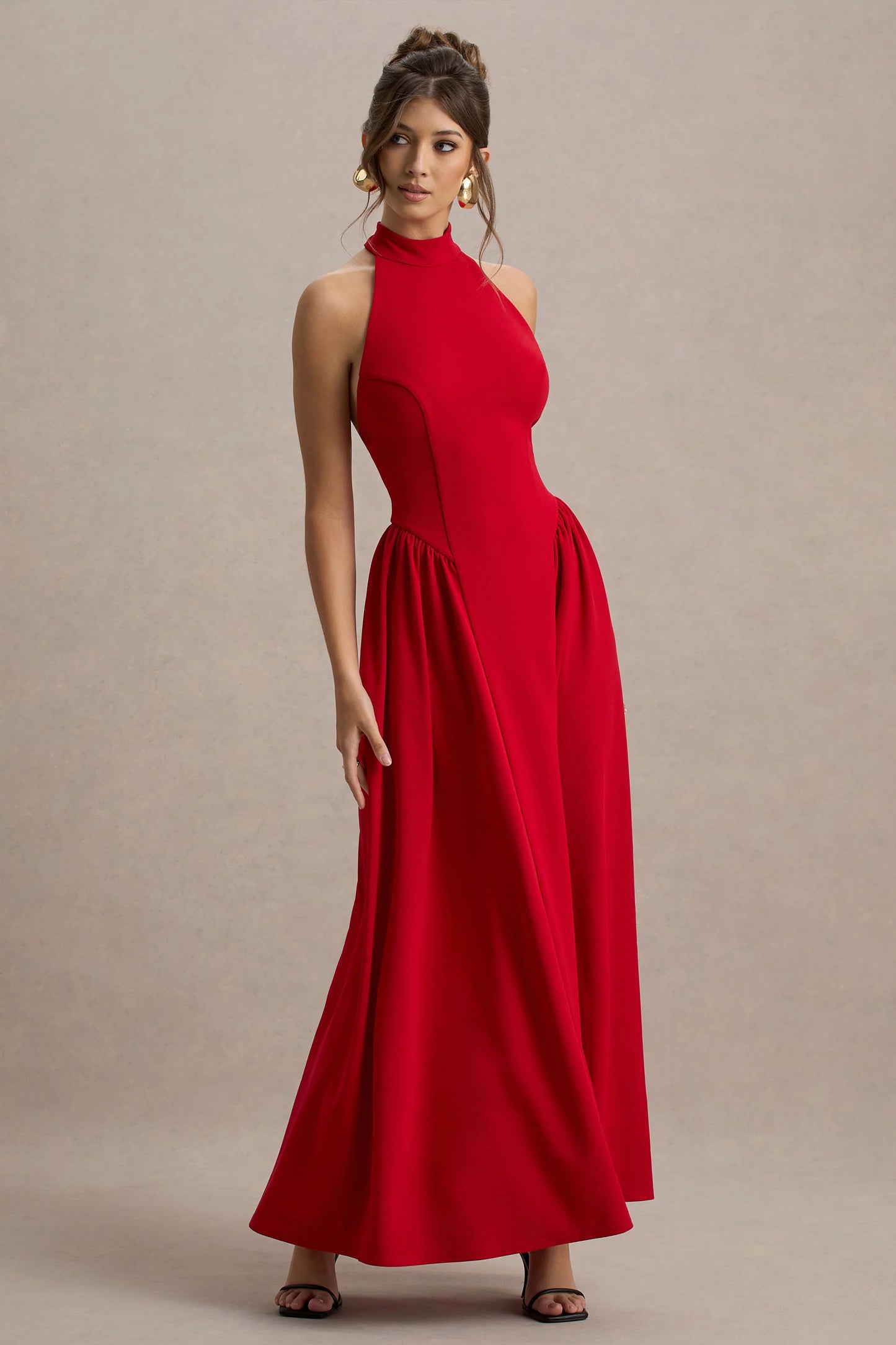 Cynthia Red High-Neck Maxi Dress With Volume Skirt