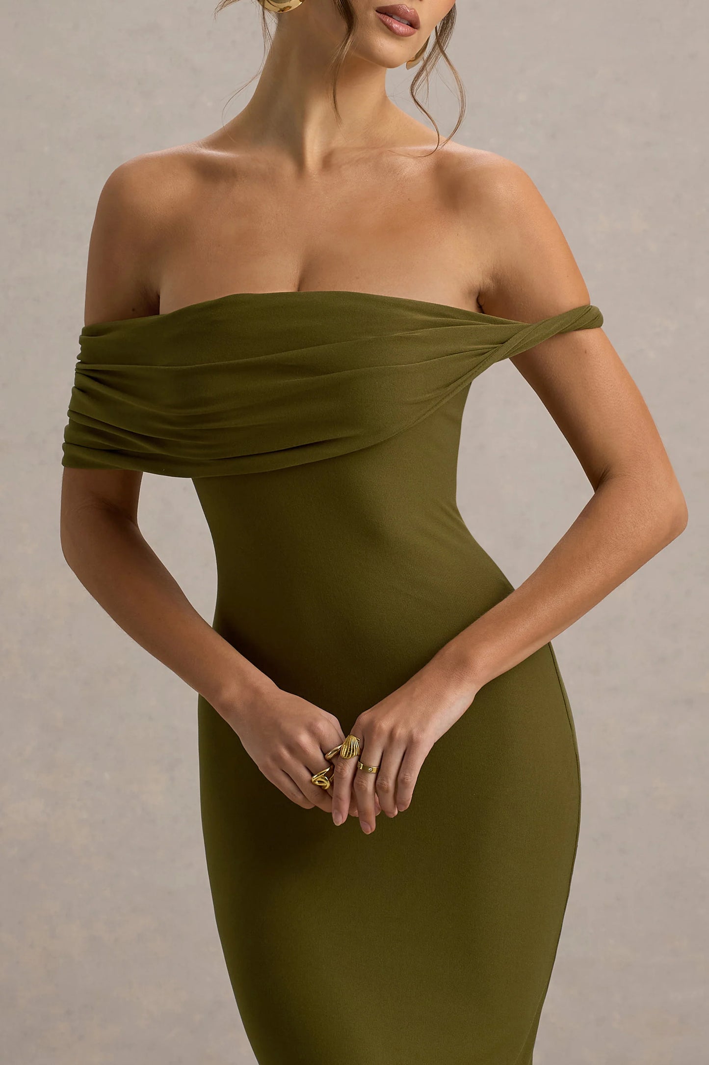 Melika Green Twisted Bardot Maxi Dress