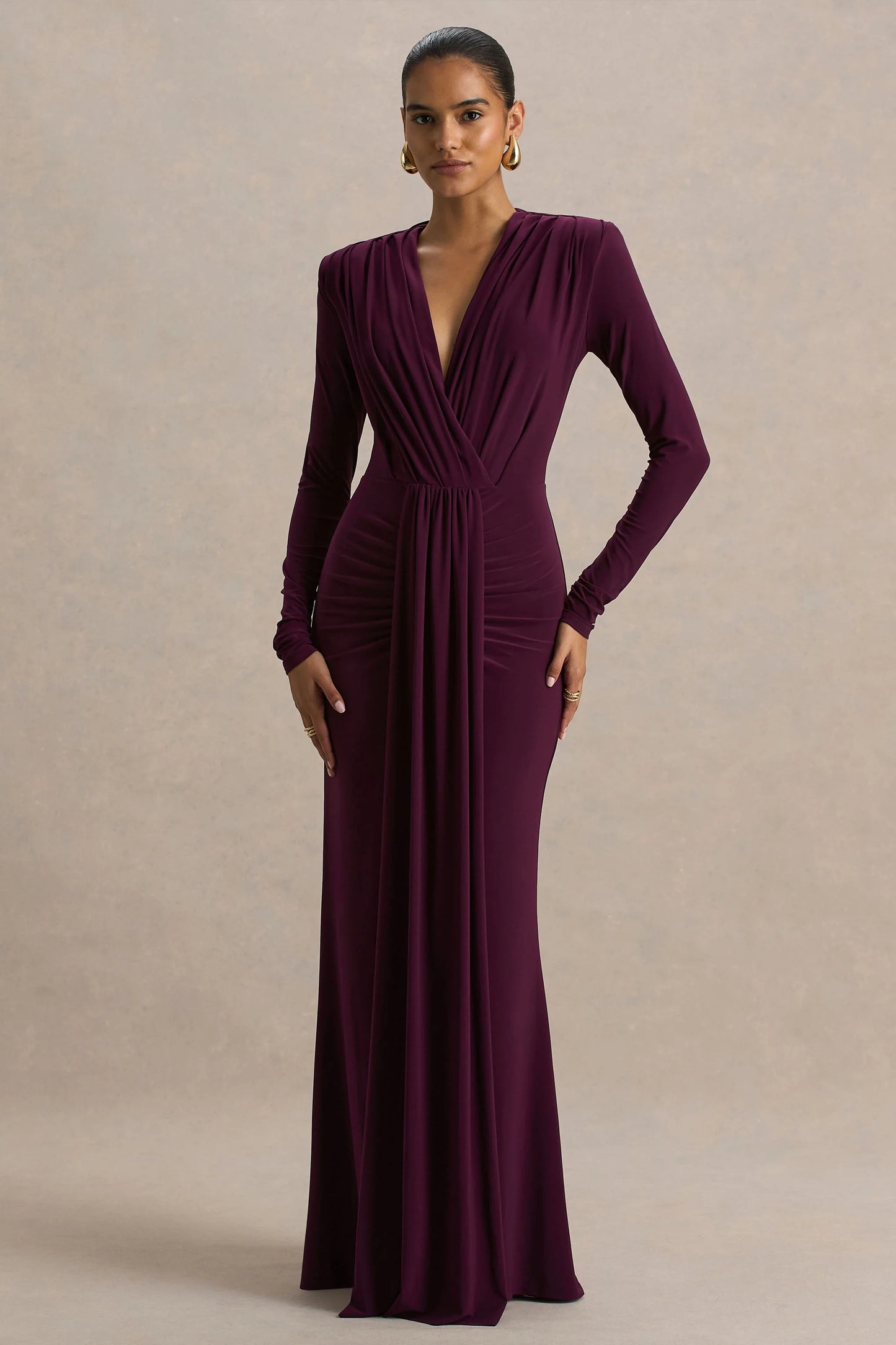 Flashy Burgundy Plunge-Neck Maxi Dress With Ruched Detailing