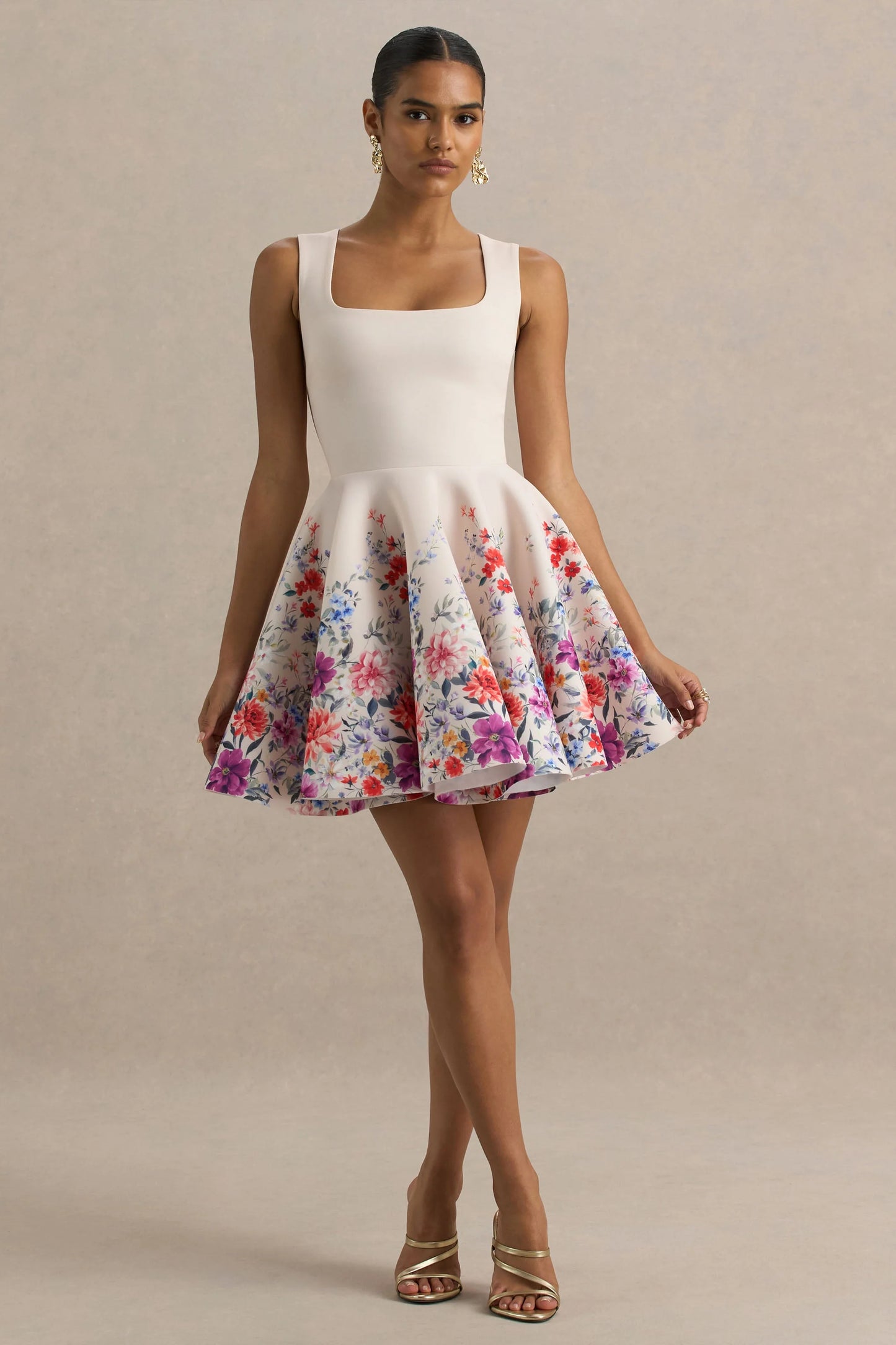 Gemstone Light Pink Floral Print Square-Neck Skater Mini Dress