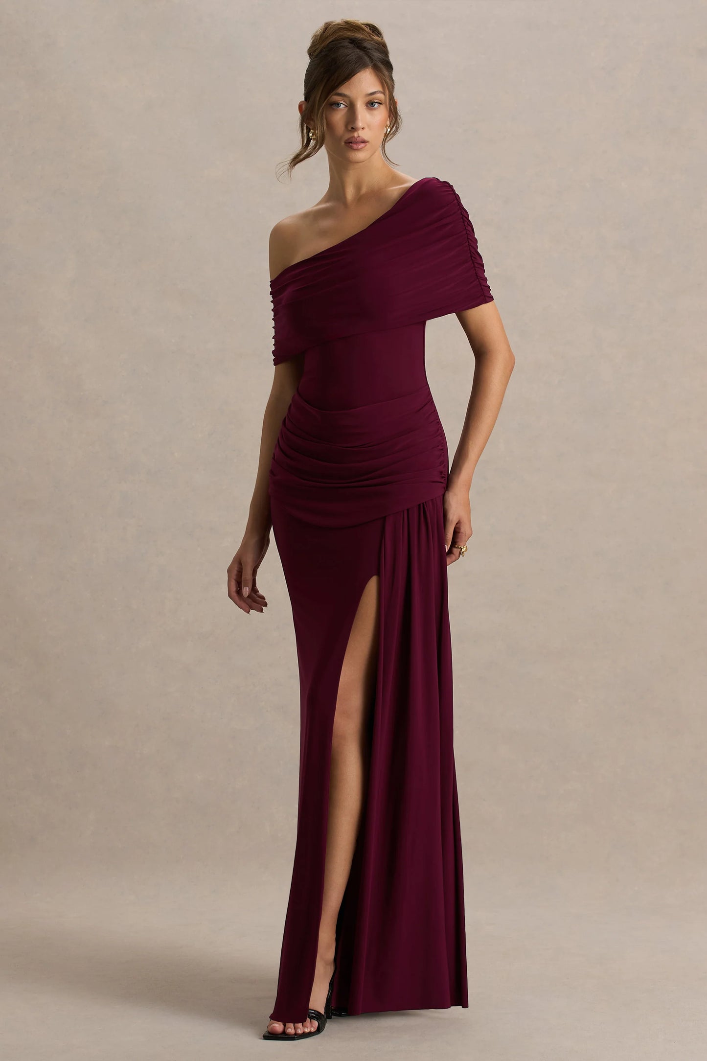 Dynasty Burgundy Asymmetric-Neck Maxi Dress With Ruched Detailing And Front High-Split