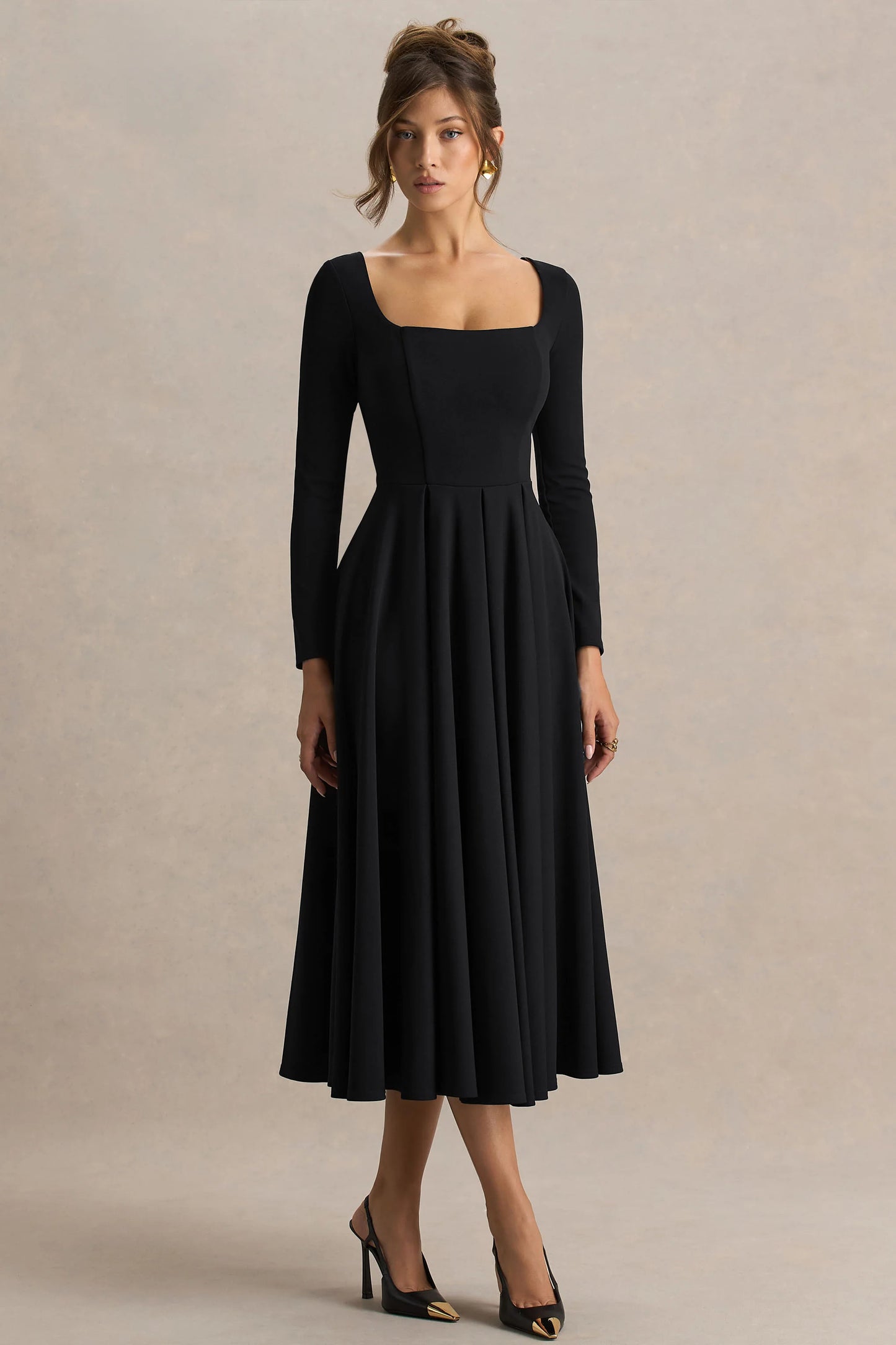 Alison Black Square-Neck A-Line Midi Dress