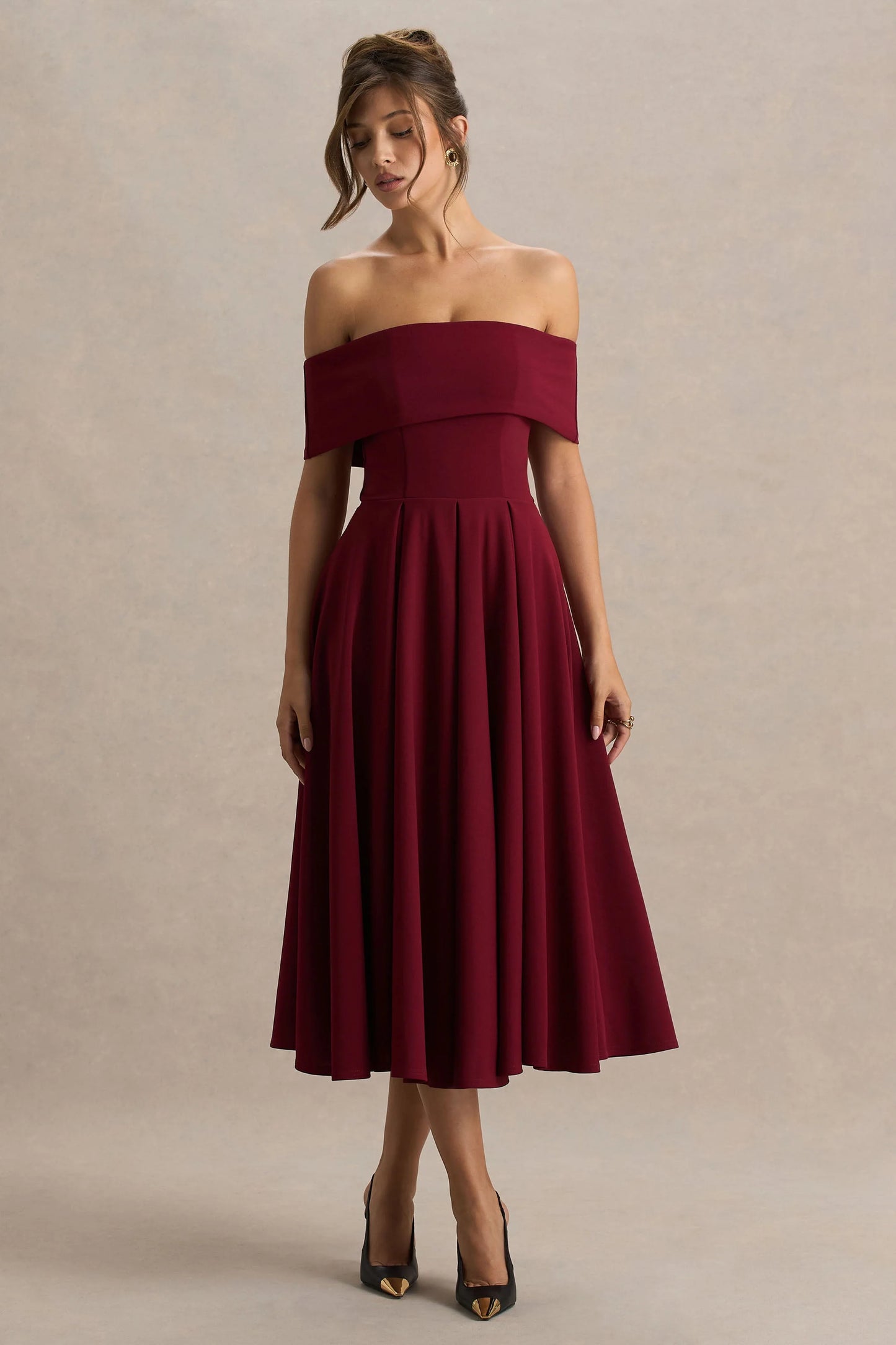 Isabella Burgundy Bardot-Neck Midi Dress