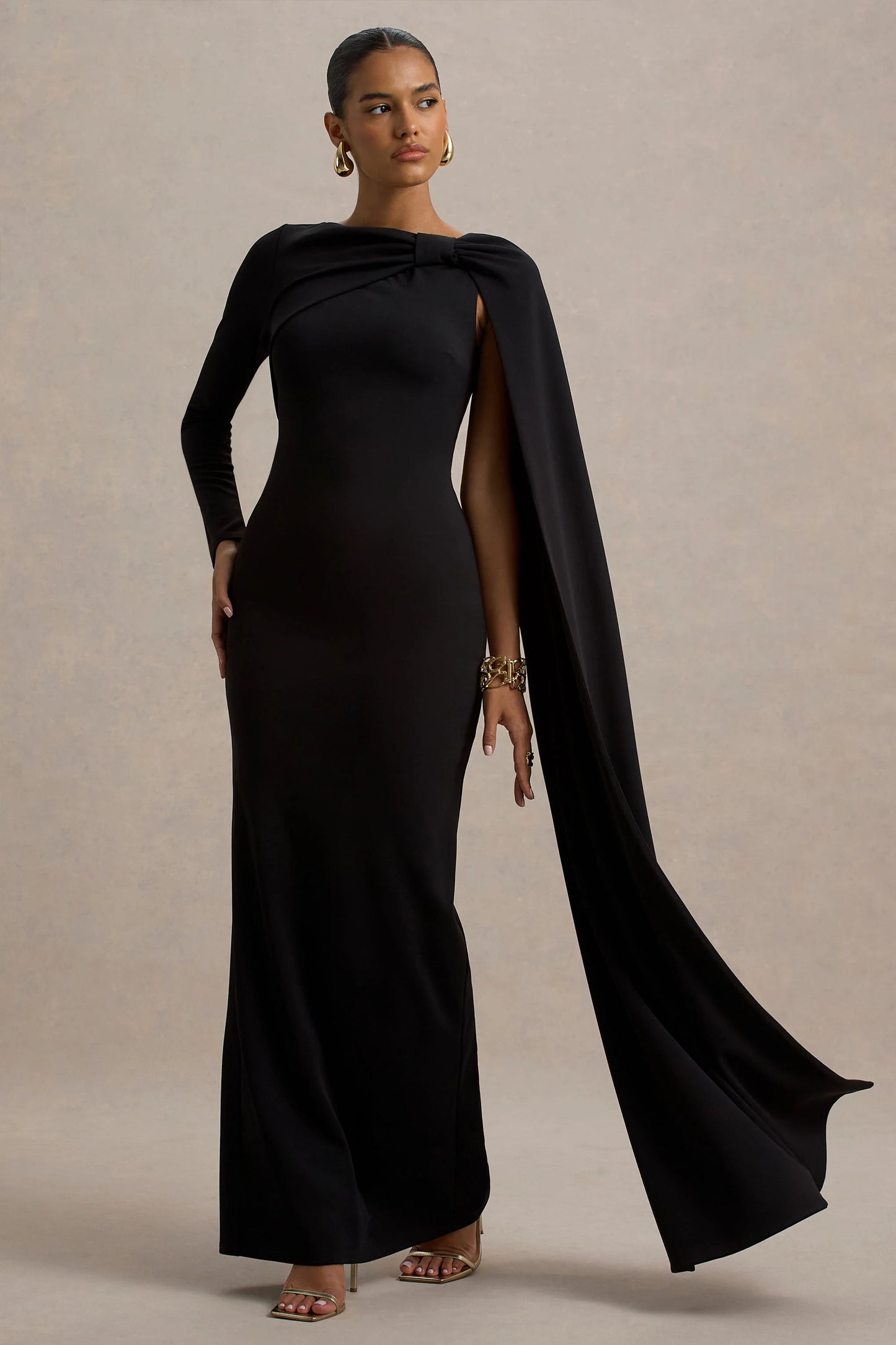 Frances Black High-Neck Maxi Dress With Cape Detail
