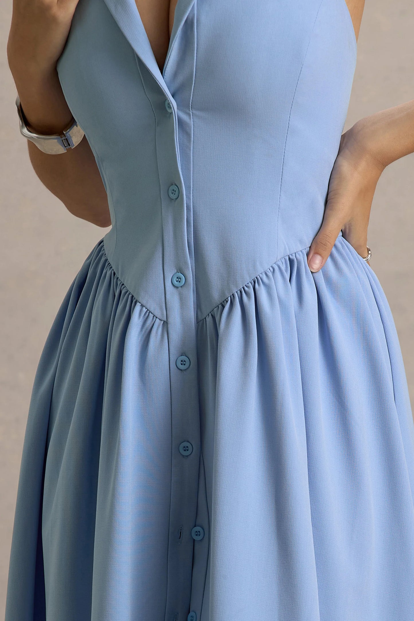 Samsara Light Blue Plunge-Neck Collared Midi Dress
