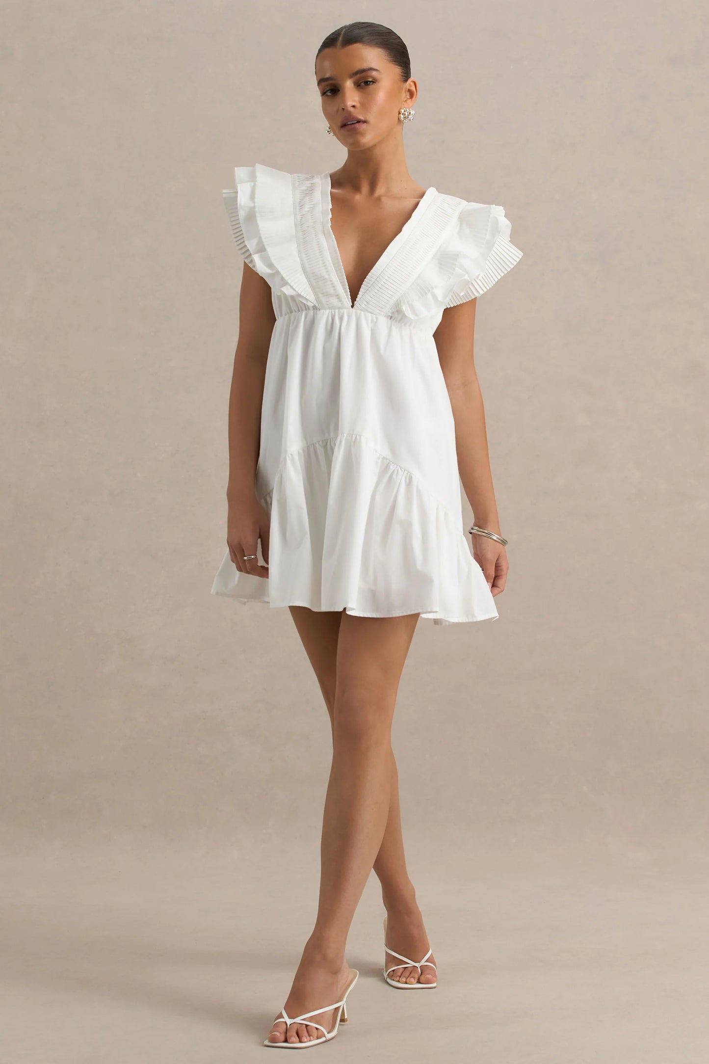 Judie White Poplin V-Neck Ruffled Mini Dress
