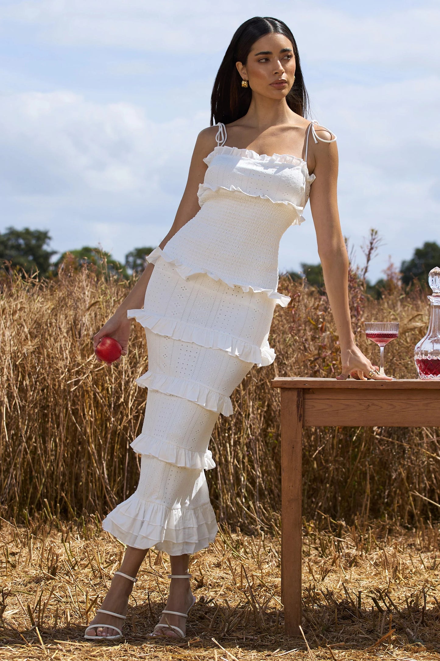 Lauren White Broderie Strappy Ruffled Maxi Dress