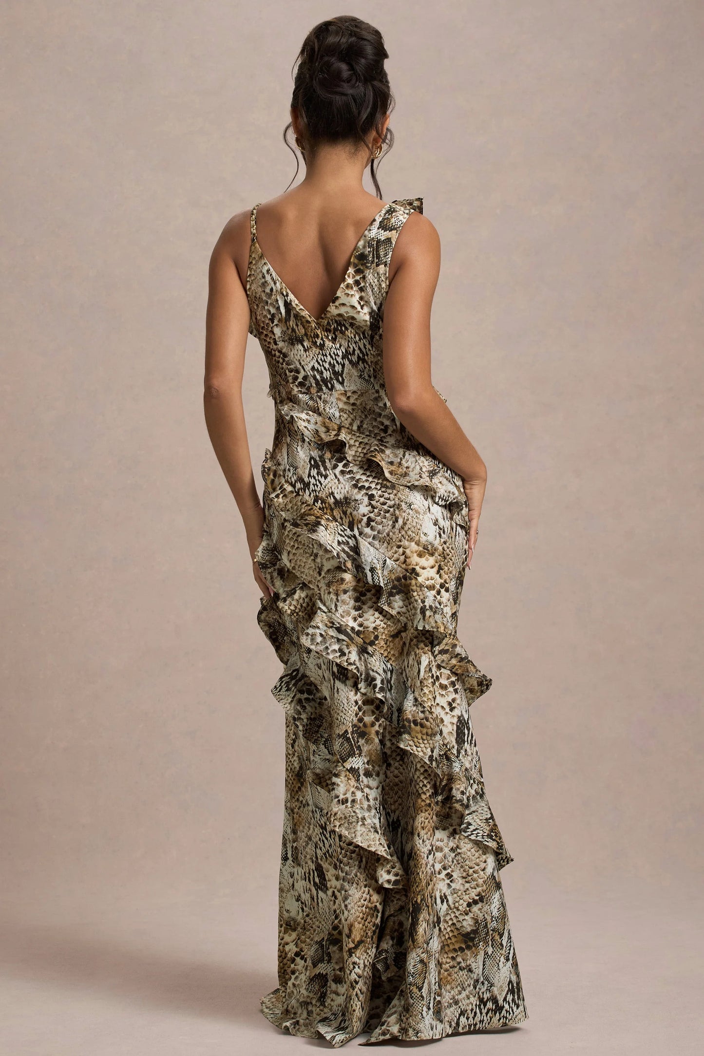 Wispy Snake Print Plunge-Neck Ruffled Maxi Dress