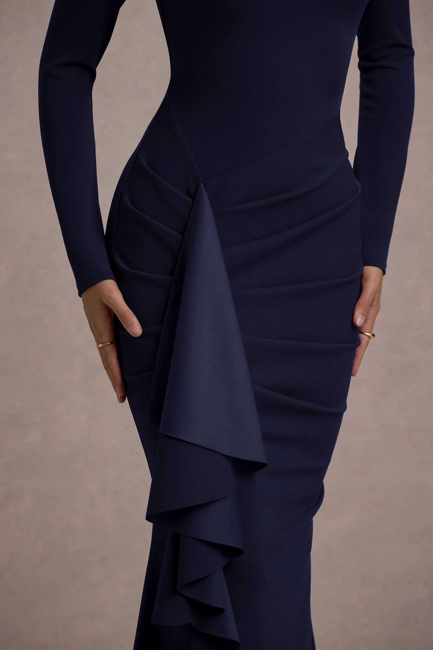 Alayna Navy Long-Sleeve Maxi Dress With Ruffled Split