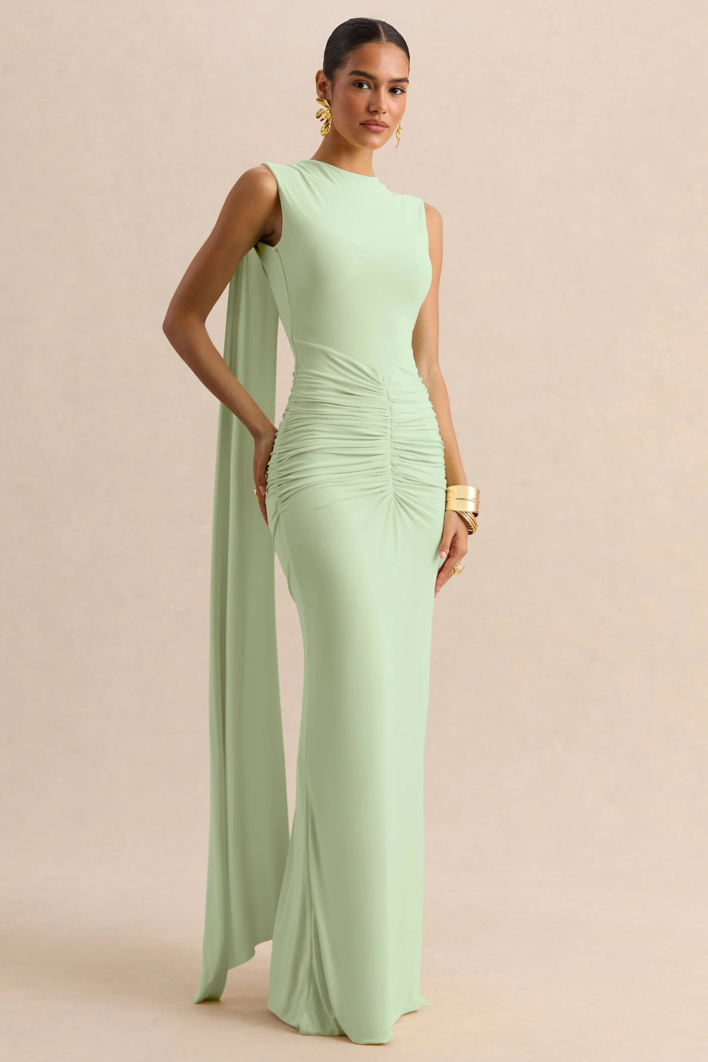 Premiere Mint Boat-Neck Maxi Dress With Cape-Sleeves And Open-Back