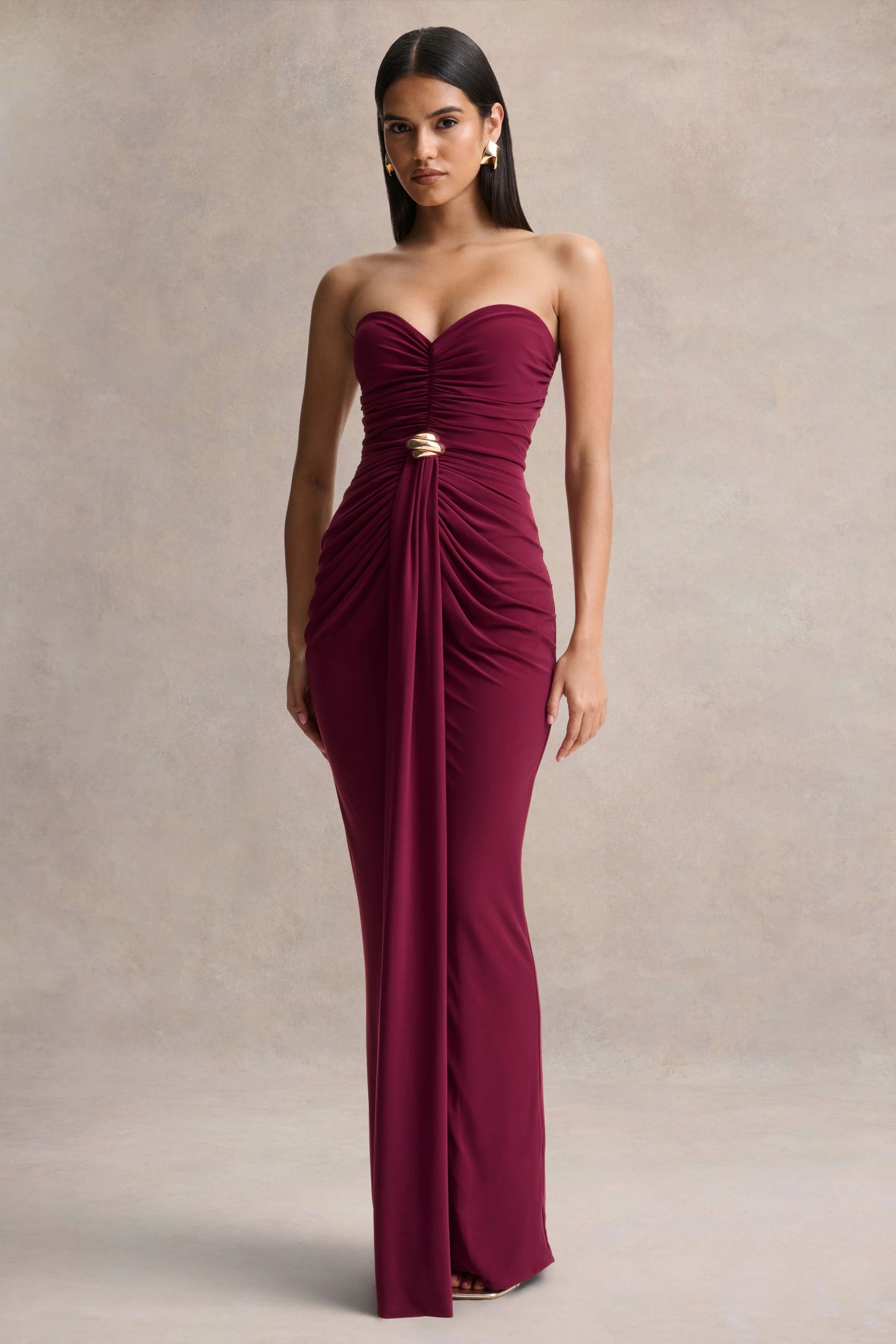 Beverly Burgundy Bandeau Maxi Dress With Gathered-Detailing