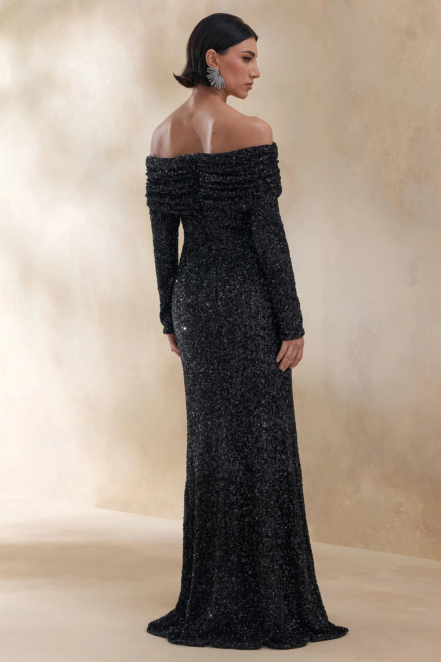 Obsession Black Sequin Bardot-Neck Maxi Dress With Long Sleeves