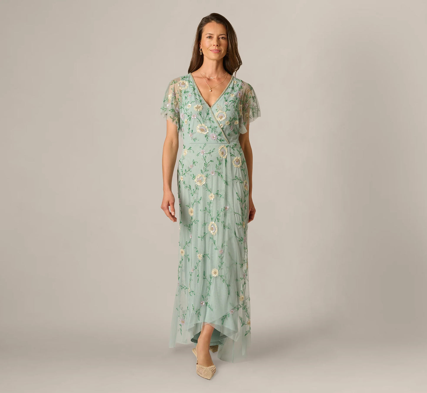Flutter Sleeve Beaded Wrap Dress In Aqua Dust