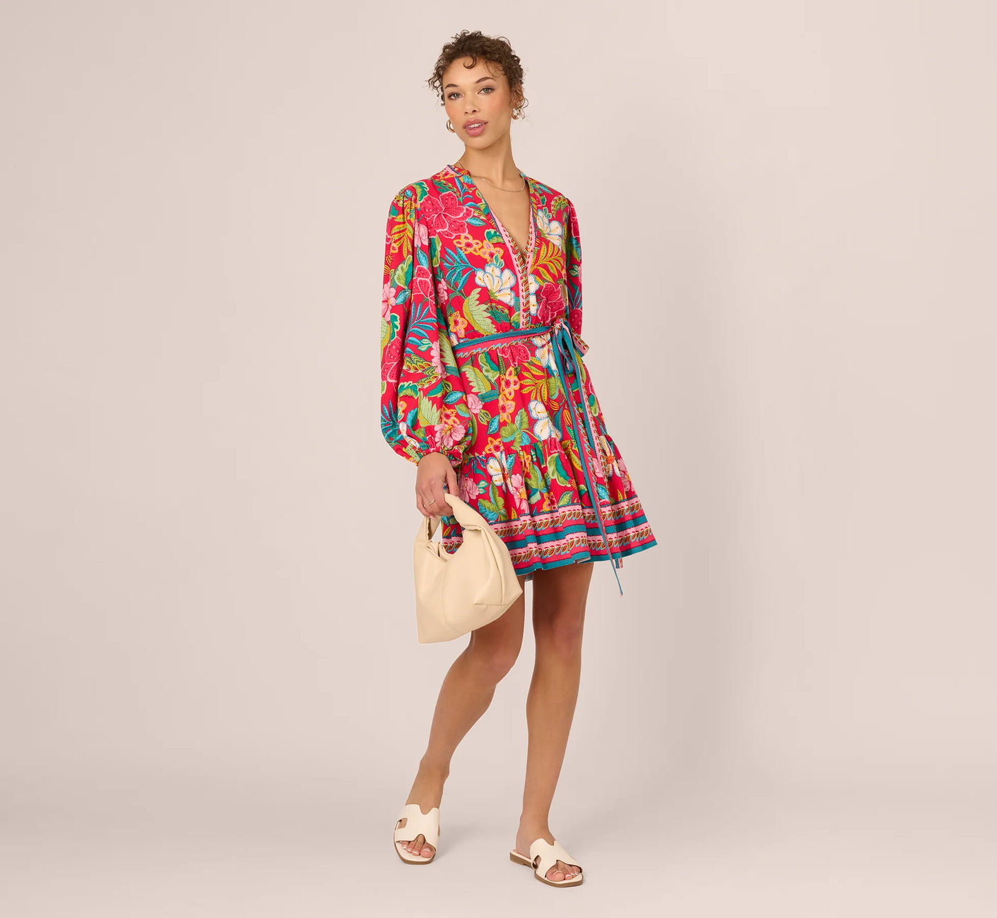 Bishop Sleeve Tropical Floral Short Dress In Red Multi